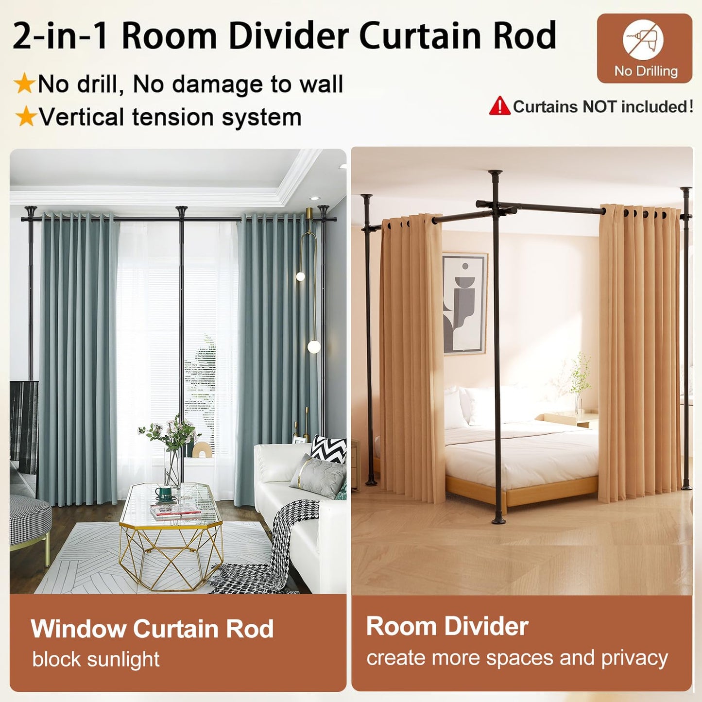Room Divider, No Drilling Curtain Rod for Room Separation, 4-10ft (H) 28-114inch(W) Adjustable Heavy Duty Floor to Ceiling Wall Divider Hanging Room Dividers Partition Space Separator Matte Black