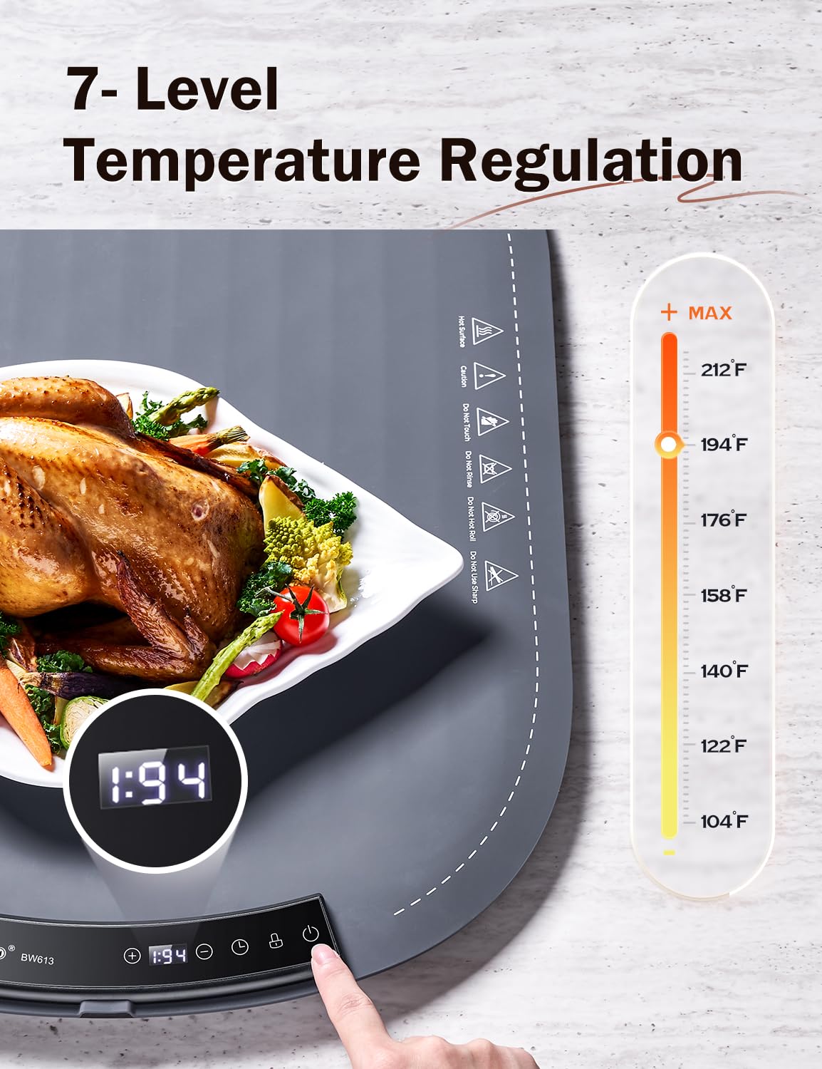 SINOPUREN Electric Food Warming Mat - Fast Heating Silicone Warming Tray, Portable & Roll-Up Design, Waterproof, Perfect for Parties, Buffets, Home & Travel (7 Temp Levels)