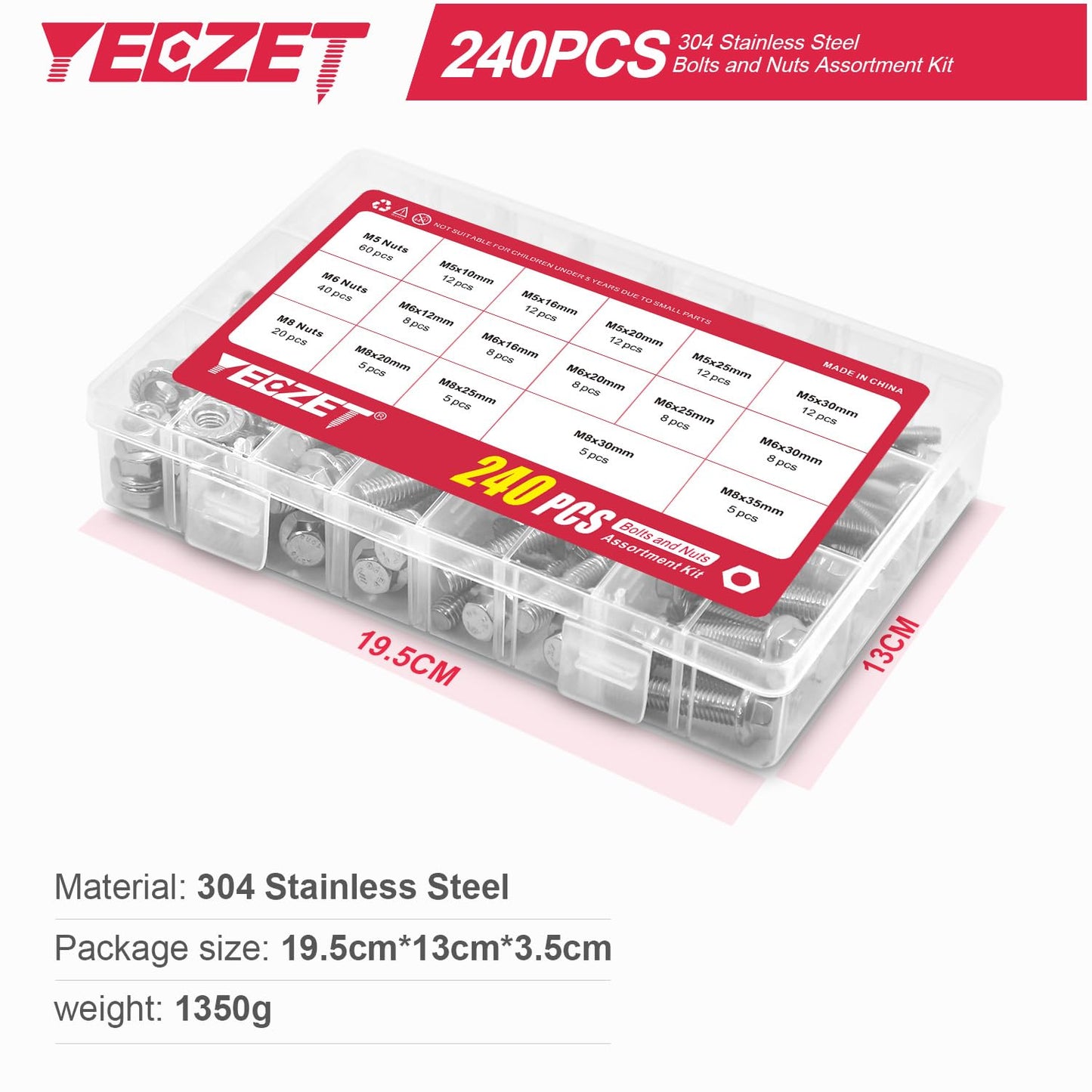 YEEZET 240PCS M5 M6 M8 Flanged Bolts and Nuts Kit,Stainless Steel 304 Metric Flanged Hex Screws Nuts Includes 14 Most Common Sizes