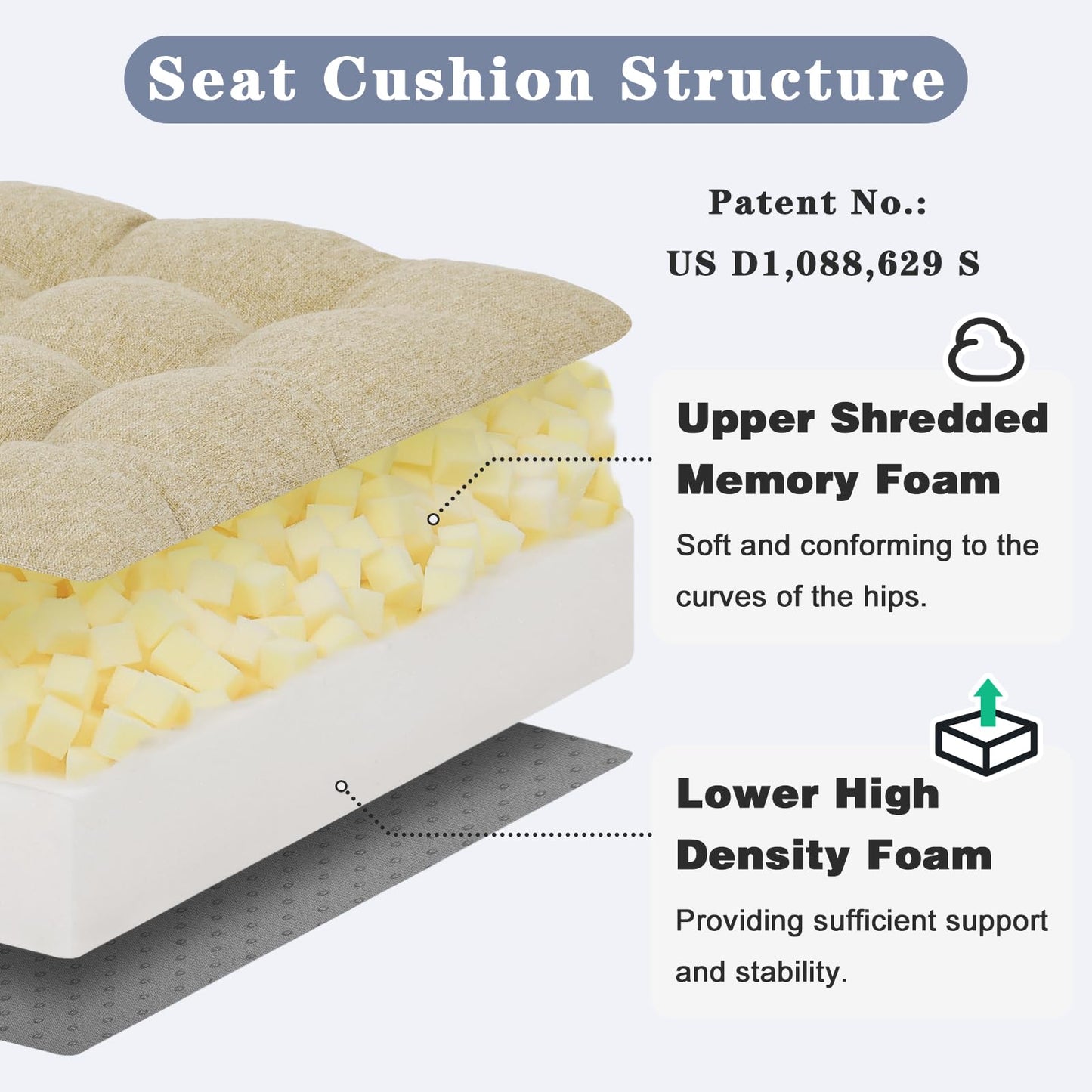baibu Extra Large Memory Foam Recliner Cushions for Elderly, 20x20x5 Inch Thick Dual-Layer Patent Design Non-Slip Recliner Seat Cushion for Couch for Easy to Stand Up & Reduce Hip & Lumbar Pain, Beige