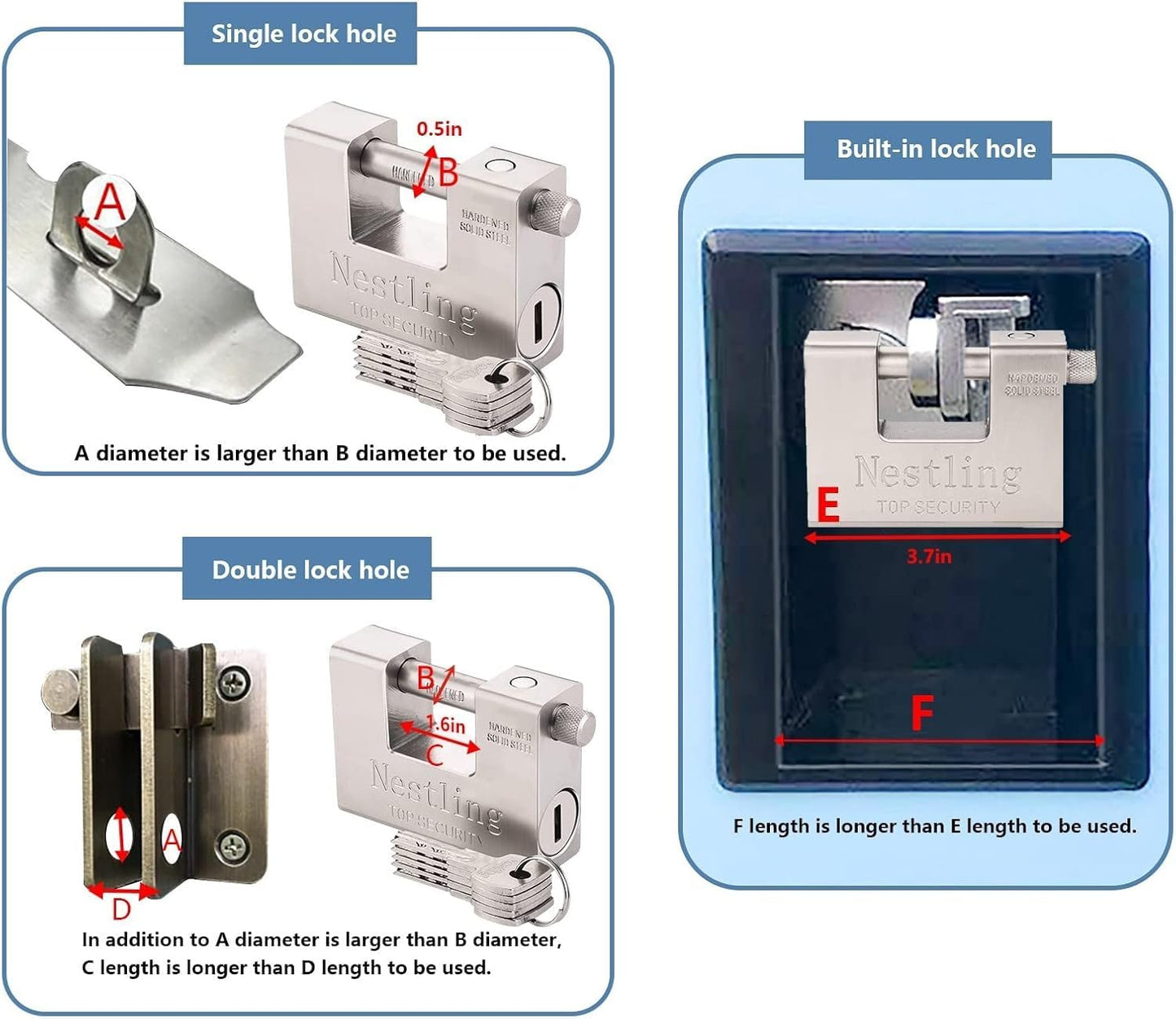 94mm Padlock with Key, High Security 5 Keys Heavy Duty 1.1 KG D-Shaped Solid Brass Outdoor Keyed Padlock - Protect Garage Door, Containers, Shed, Shutter, Gate and Warehouse