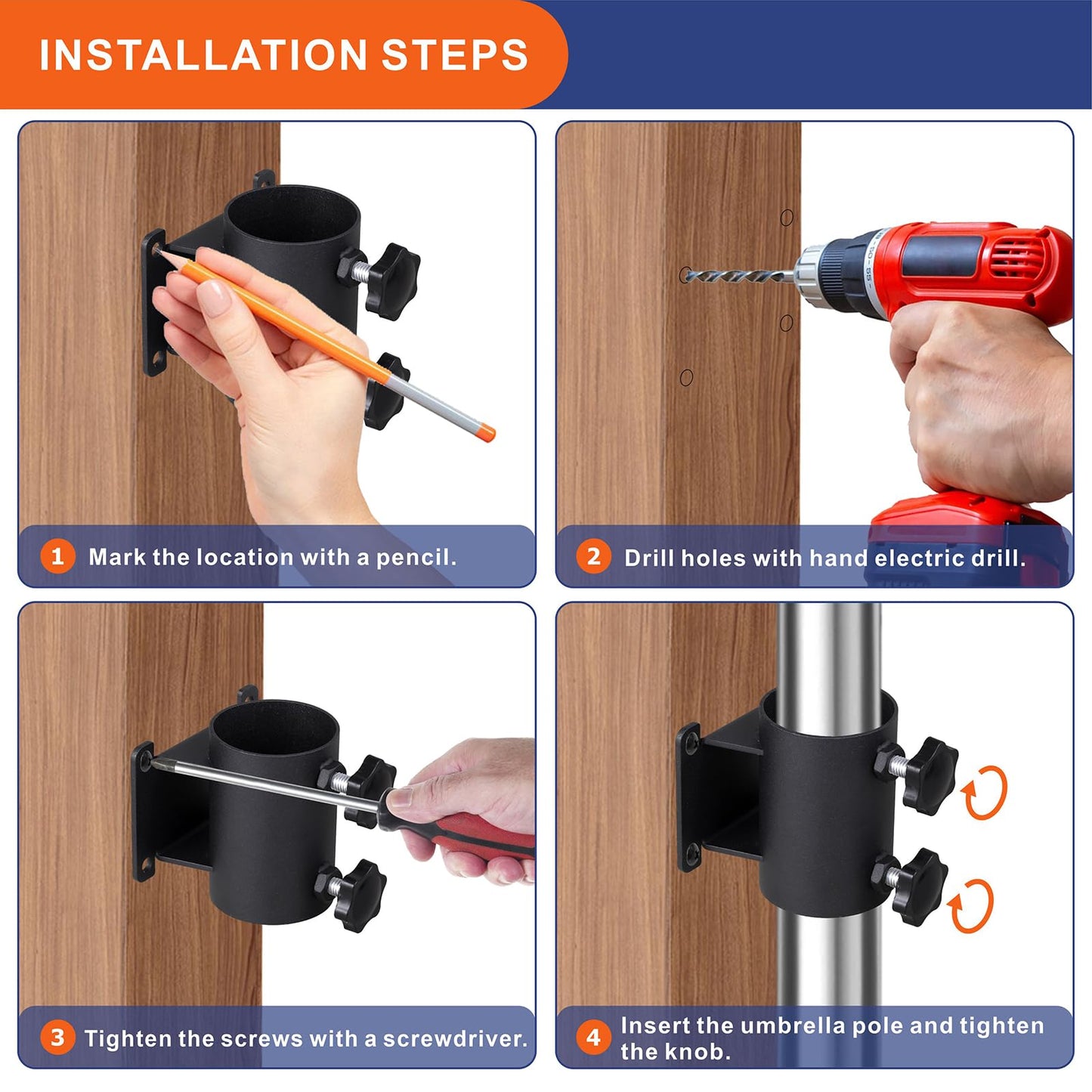 VANROUG 4PCS Heavy Duty Patio Umbrella Holder,Patio Umbrella Stand Umbrella Clamp Mount Bracket for Deck Railing, Mount to Deck, Fences ,Balcony or Outdoor Courtyard etc