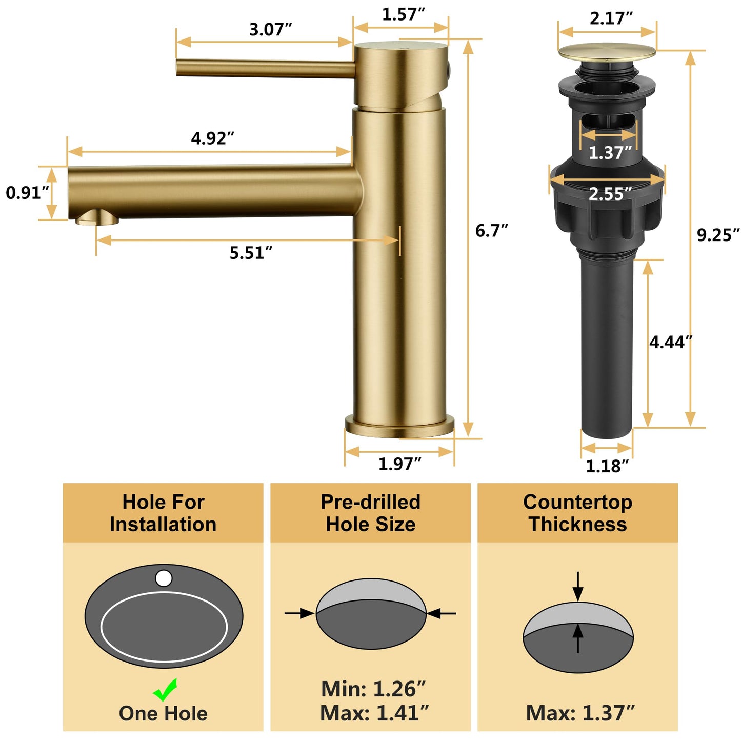 Tohlar Gold Bathroom Faucet, Bathroom Faucets for 1 Hole, Single Handle Bathroom Sink Faucet Brushed Gold with Pop-up Drain Stopper & Water Supply Hoses