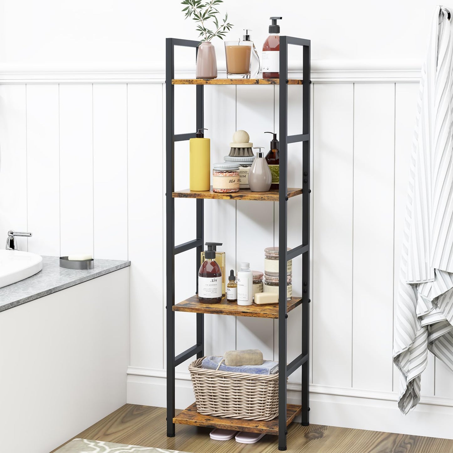 Katrawu 4 Tier Bookshelf, Small Book Shelf Industrial Bookcase, Metal Narrow Book Case Book Storage Organizer,Bookshelves for Bedroom Office Living Room(4 Tier,Rustic Brown)