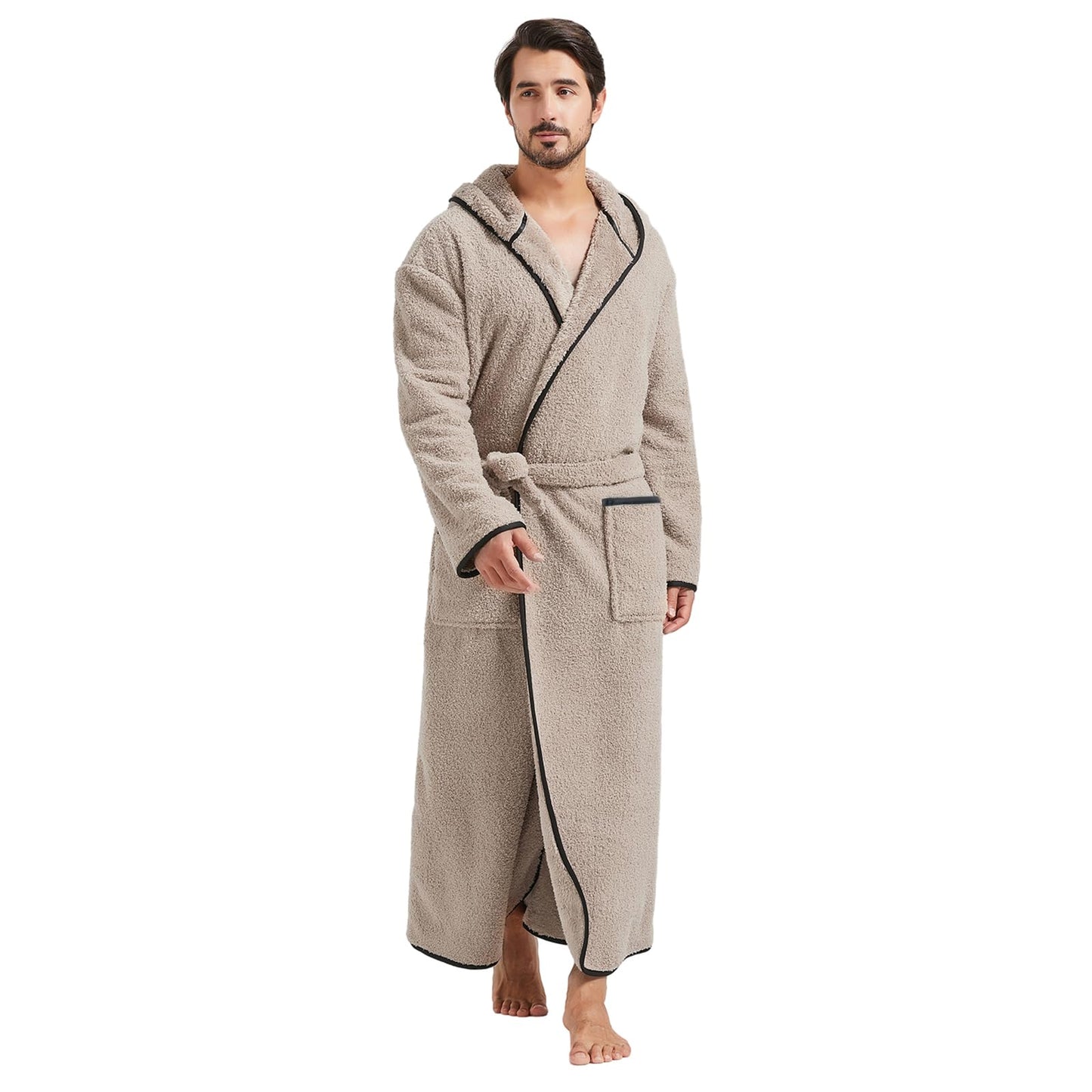 FashGudim 400g Mens Plush Robe with Hood Full Length Winter Long Luxury Hooded Bathrobe for Men Big and Tall, Taupe, 6X-Large-7X-Large Big Tall
