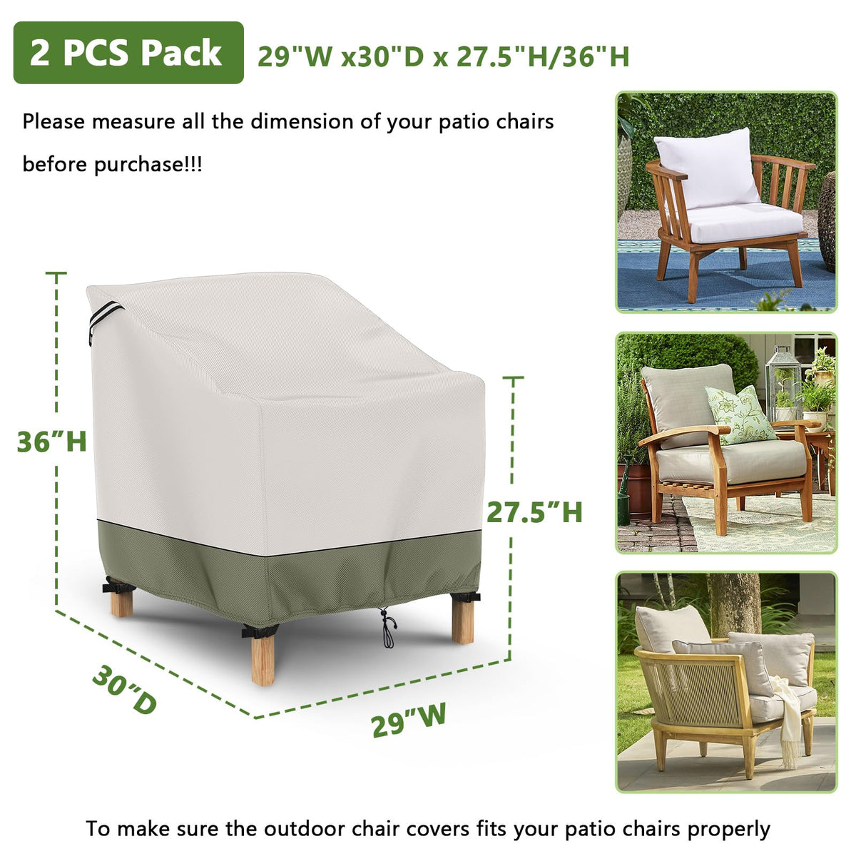 Gasadar Patio Chair Cover-2 Pack, Heavy Duty Waterproof UV Resistant Anti-Fading Chair Covers for Lawn Outdoor Furniture Chairs,29" W x30 D x 36" H