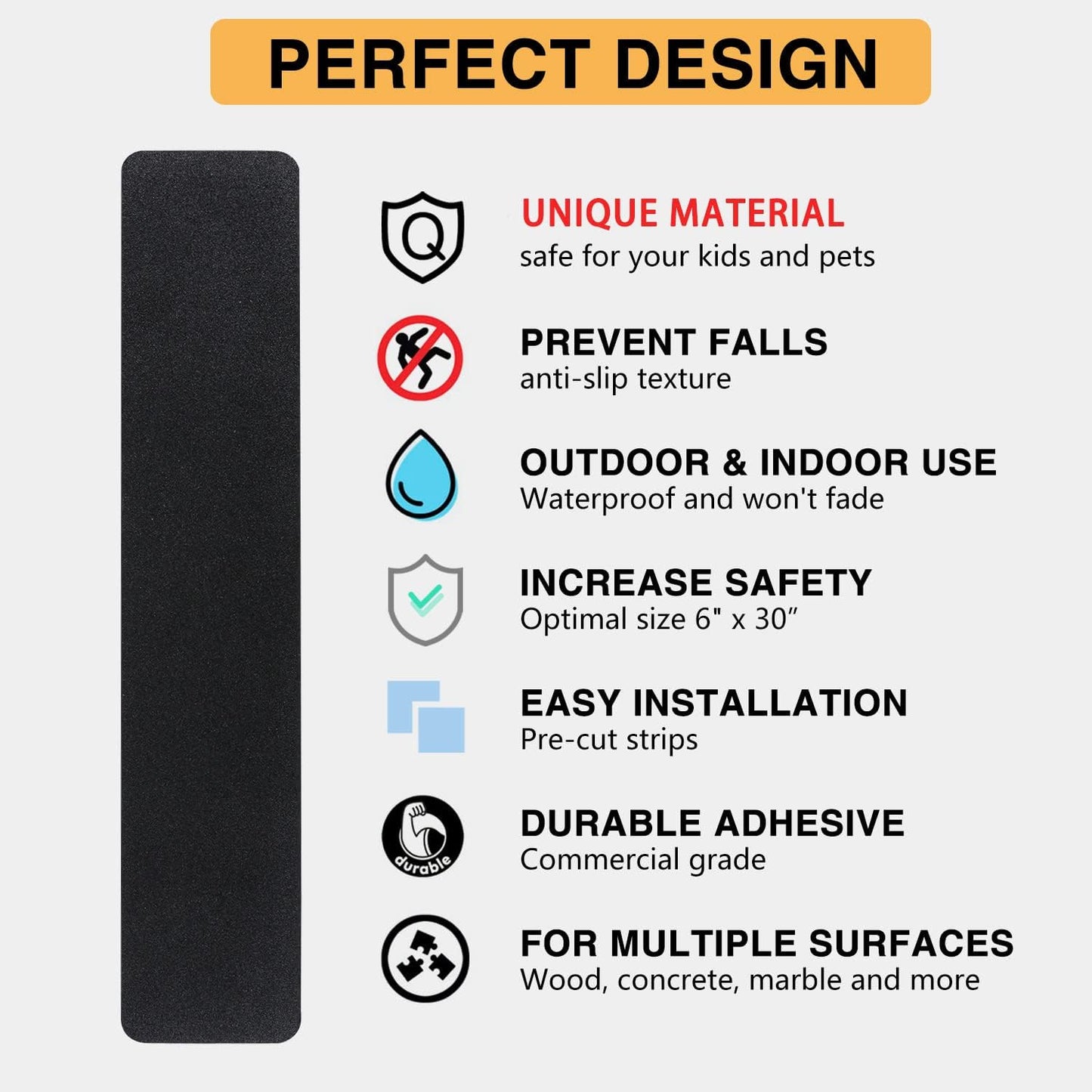 12 Pack Stair Treads Non-Slip Outdoor Tape 6”x30” - Black Anti-Slip Safety Adhesive Strips for Steps, Staircase