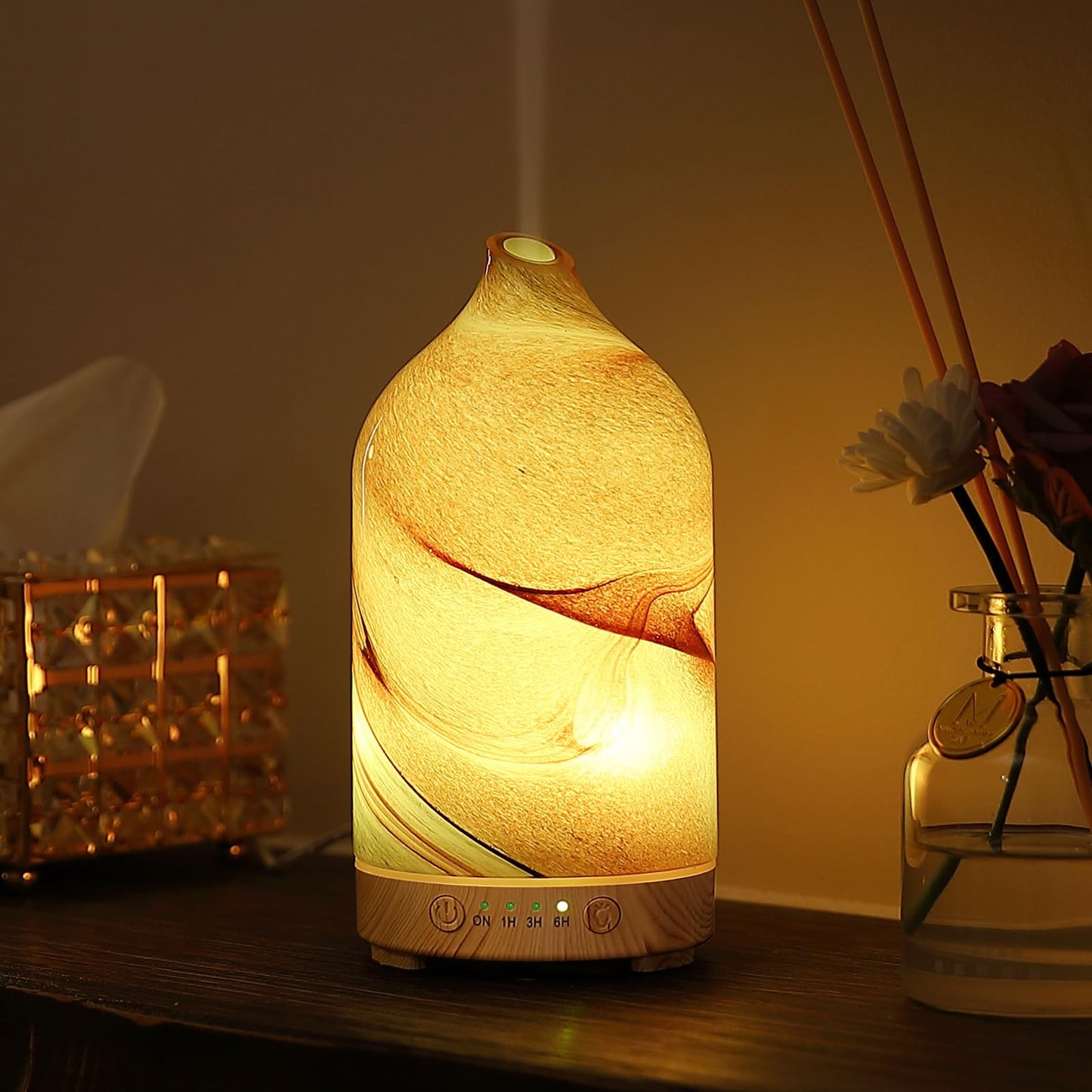 Essential Oil Diffuser Hand Blown Glass 160 ML Aromatherapy Diffuser - Ultrasonic Cool Mist Scent Aroma Diffuser, Whisper Quiet with Auto Shut-Off, Timer Setting &7 Colors Night Light for Home