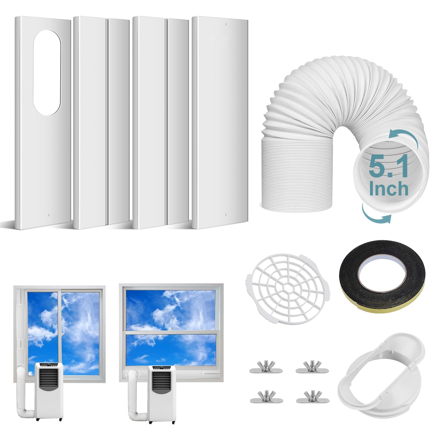 Portable AC Window Vent Kit with 5.1" & 80 Inch Hose, Portable Air Conditioner Parts Accessories for Sliding Window Seal with PVC Plate, Universal Coupler Fits 5.9 & 5.1 Inch Diameter Exhaust Hose