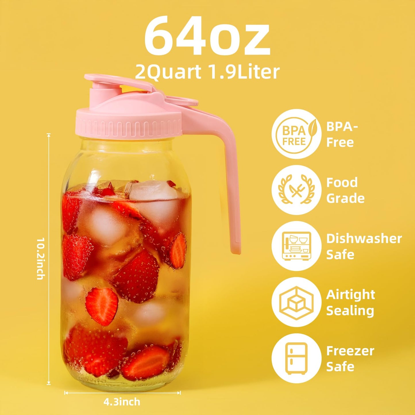 AsstarJTK 2 Pack Glass Mason Jar Pitcher - 64 oz/2 Quart Wide Mouth Jug with Lid and Pour Spout, Airtight Seal, Leak Proof Iced Tea Pitcher for Sun Tea, Juice, Breast Milk, Cold Beverages, Coffe