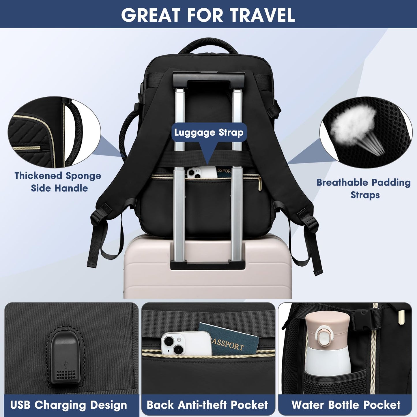 Large Carry On Travel Backpack: Flight Approved 40L Waterproof Personal Item Daypack for Women Weekender Bag fit 17inch Laptop Luggage Backpack Traveling Business with USB Port and 3 Packing Cubes