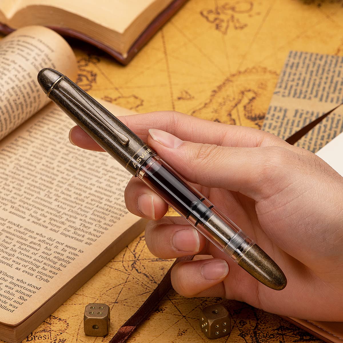 Asvine P30 Piston Fountain Pen Medium Nib, Retro Brass Style, Transparent Acrylic Large Ink Capacity Writing Gift Box