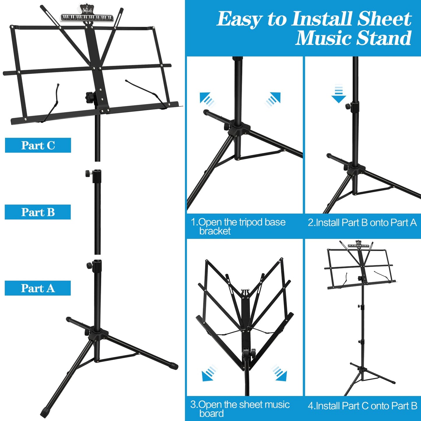 2 Pack Music Stand, 2 in 1 Dual-Use Folding Sheet Music Stand, Lightweight Portable Adjustable Desktop Book Stand with Music Sheet Clip Holder & Carrying Bag
