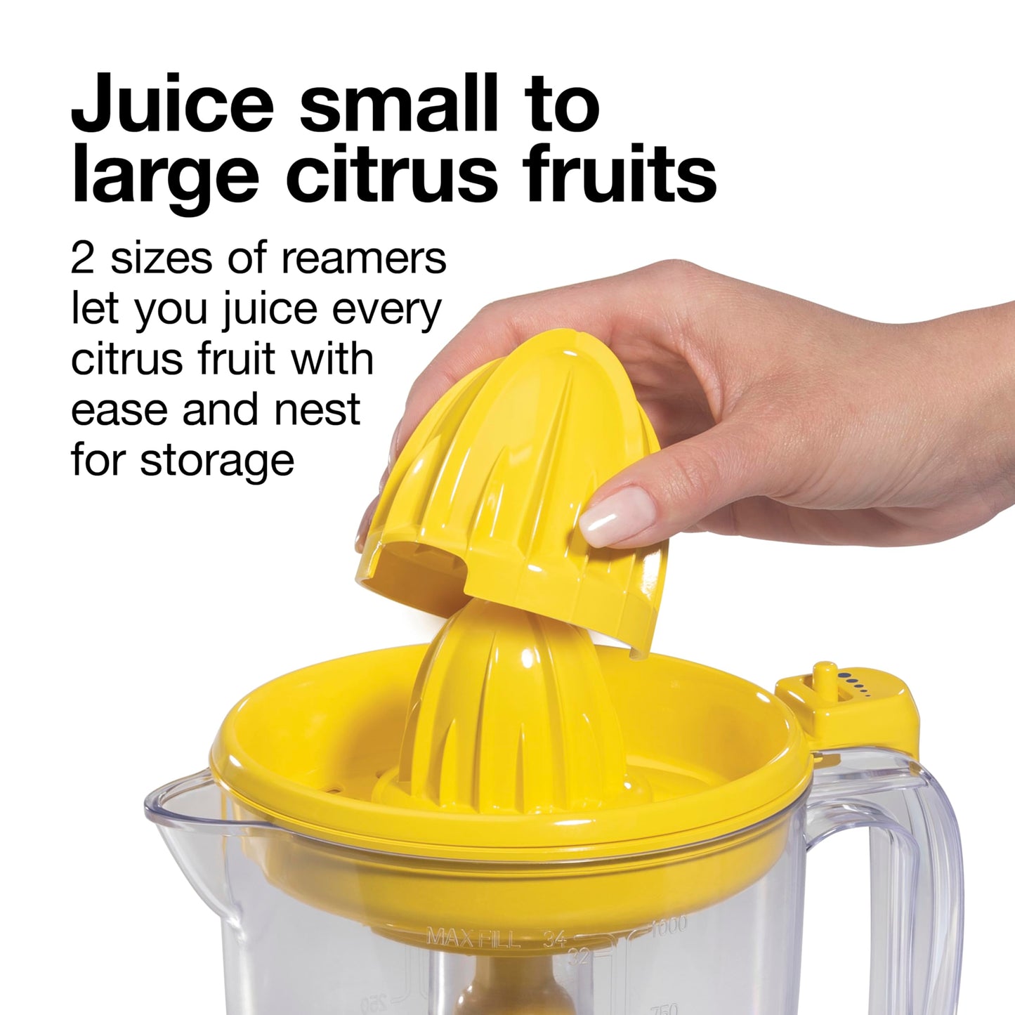 Proctor Silex Alex's Lemonade Stand Electric Citrus Juicer Machine, 34 oz. Pitcher, Pressure Activated, for Lemons, Limes and Oranges, With Reamers, pulp strainer& Lid, 30 Watts, Yellow (66341)