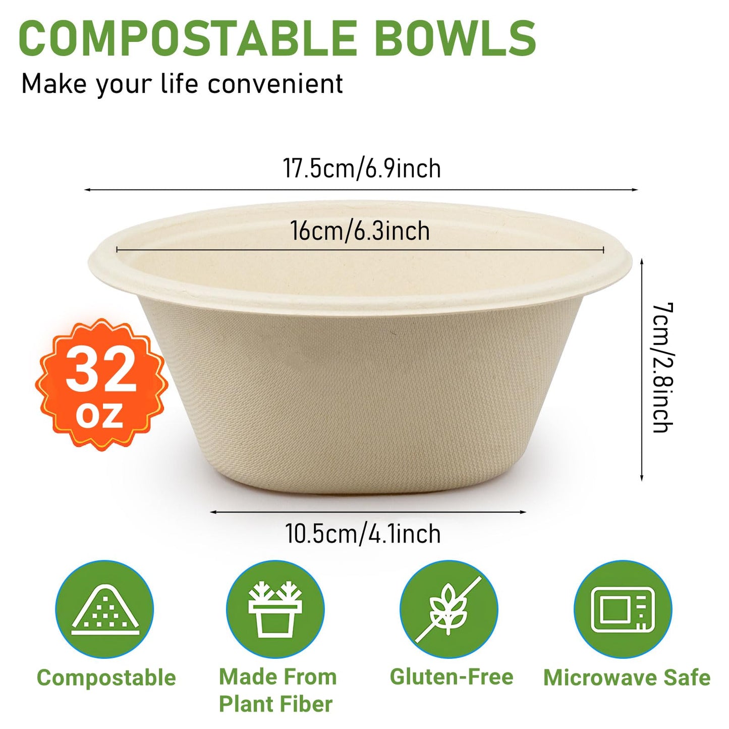 Disposable Paper Bowls 32oz Heavy Duty, 100 Pack Eco-Friendly Compostable Bowls, Party Serving Bowls for Salad, Ice Cream, Dessert and Hot Soup, Biodegradable Bowls Made of Sugarcane (Nature)
