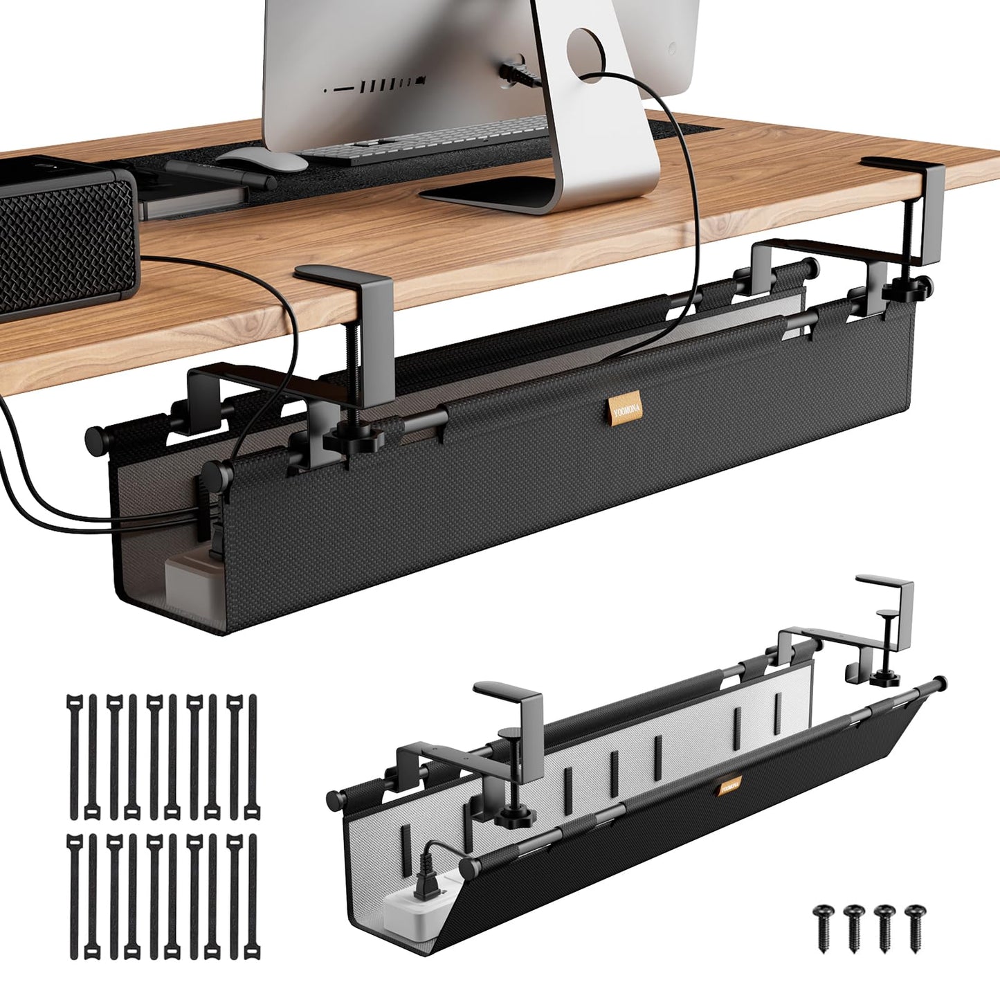 YOOMONA No Drill Cable Management Tray & Under Desk Privacy Panel 2 in 1,Cord Management Under Desk with Clamp/Screw Mount for Home,Office (Black)