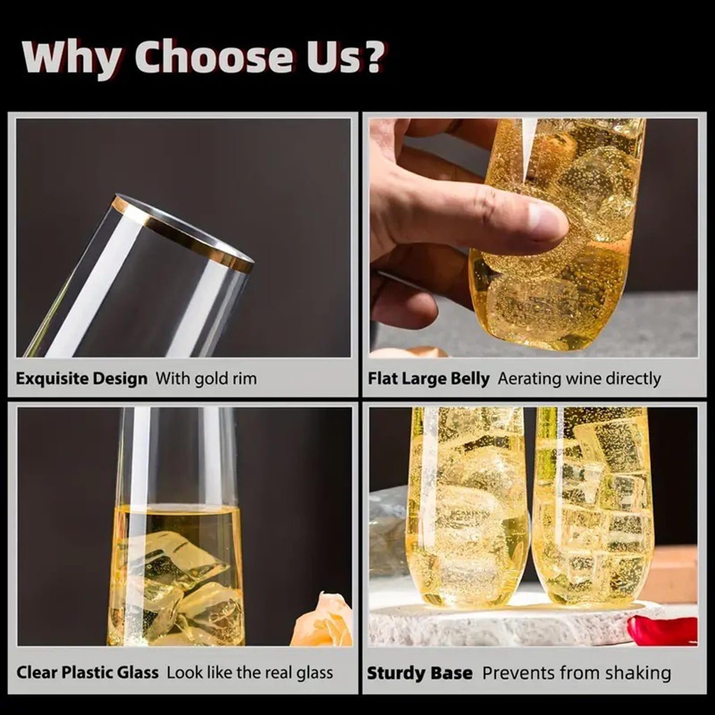 Jodoniz 24 Pack Plastic Champagne Flutes Disposable 9 Oz Stemless Clear Plastic Champagne Glasses Plastic Mimosa Glasses with Gold Rim Heavy Duty Unbreakable for Party Wedding Birthday