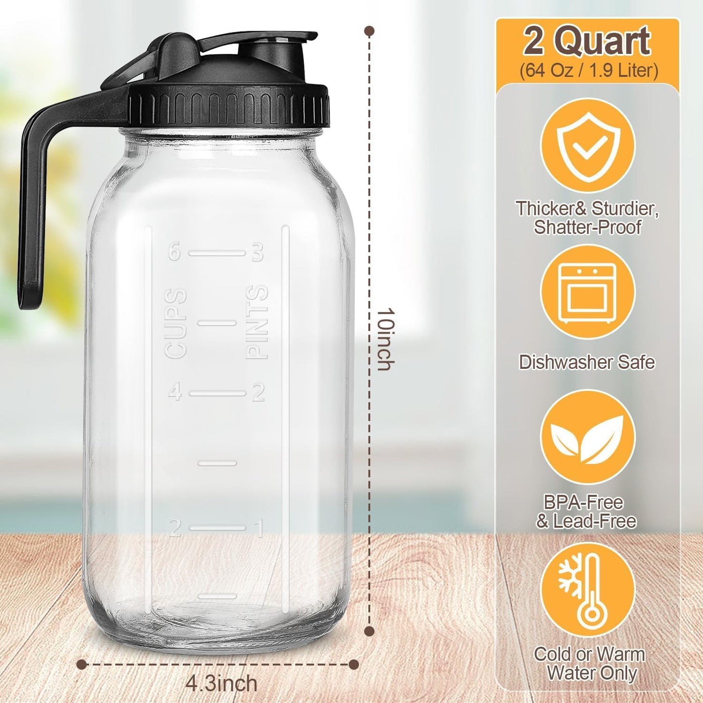Wexlerey Glass Pitcher with Lid 2 Pack,Leak Proof Glass Mason Jar Pitcher with Lid & Spout Sun Tea Pitcher Wide Mouth for Ice Tea, Juices,Cold Brew Coffee,Breast Milk(64 oz/2 Liter)