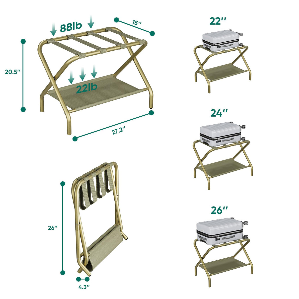 Smuxee Gold Luggage Rack Pack of 2, Foldable Suitcase Stand with Fabric Storage Shelf, Luggage Holder with 4 Nylon Straps for Hotel Guest Room Bedroom