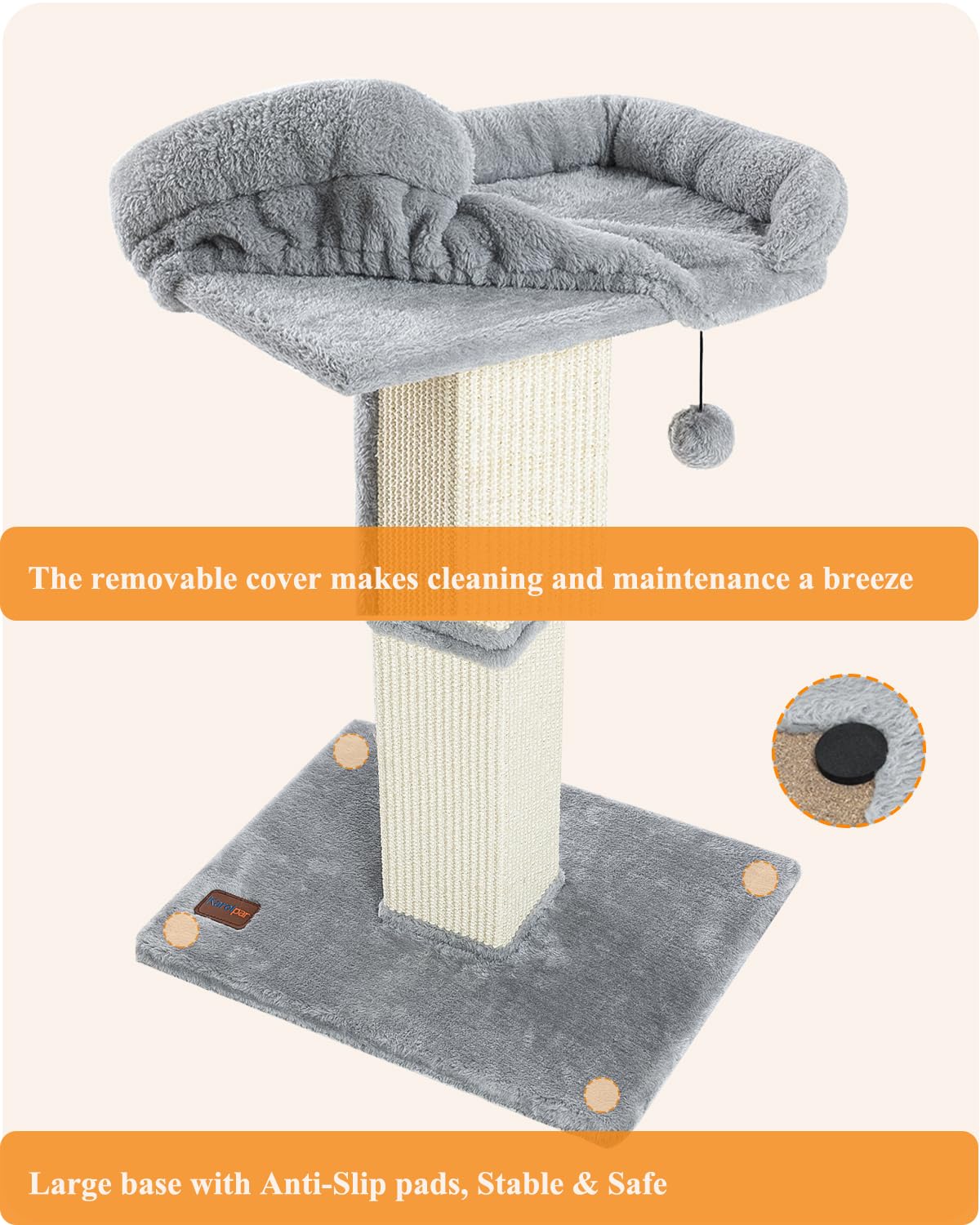 Karolpar 32" Cat Scratching Post for Indoor Cats, Sisal Cat Scratcher with Plush Perch, Large Scratch Post with Bed, Removable Cover, Sisal Fabric (Gray)