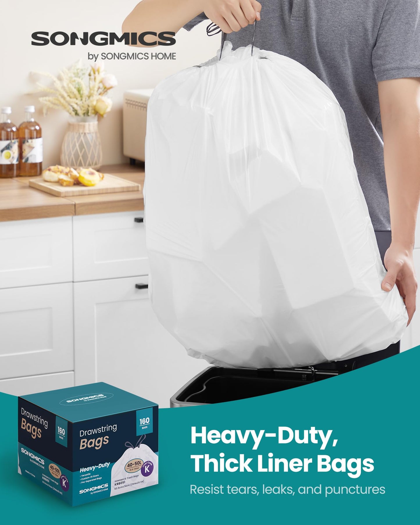 SONGMICS Trash Bags for 13-Gallon (50 L) Trash Cans, 160 Count, Drawstring Kitchen Garbage Bags, Quick-Dispense Box, Liner Code K, Cream White UKRB051A04