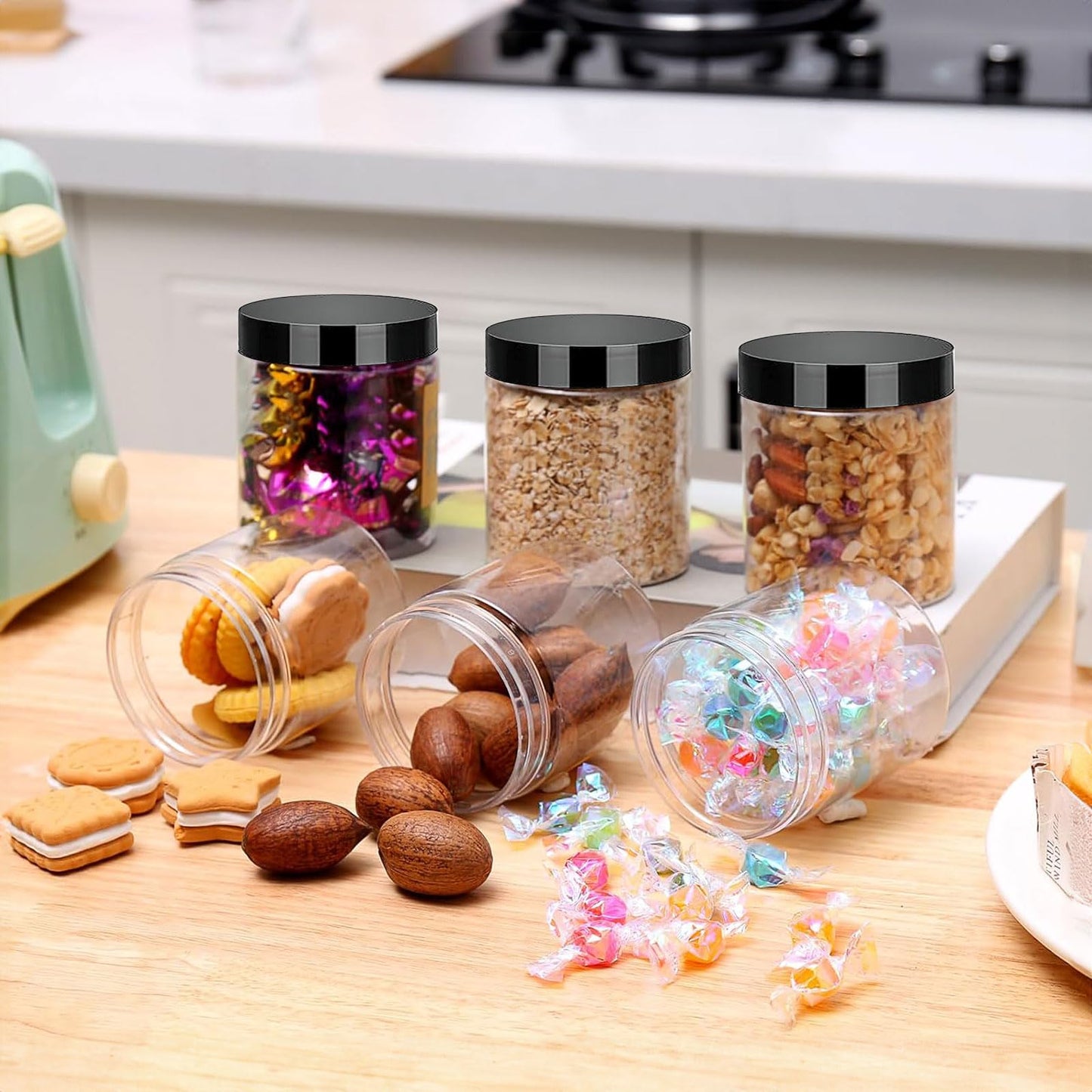 50 Pcs Plastic Jars with Black Lids, 4 oz Wide-Mouth Round Jars, Clear Cosmetic Container Jars, Leak-Proof Storage Containers for Kitchen Use Beauty Products and More