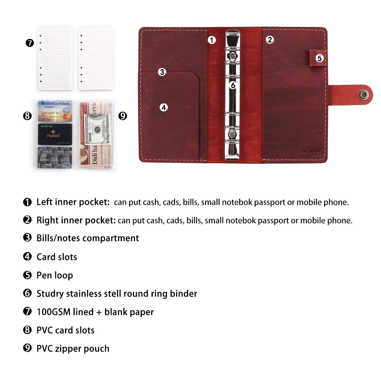 Leather Journal Refillable Writing Notebook, A6 Personal Size 6 Ring Binder Spiral Notebook, Handmade Genuine Leather Refillable Journal Binder Diary, Pocket Binder Traveler Notebook-Wine