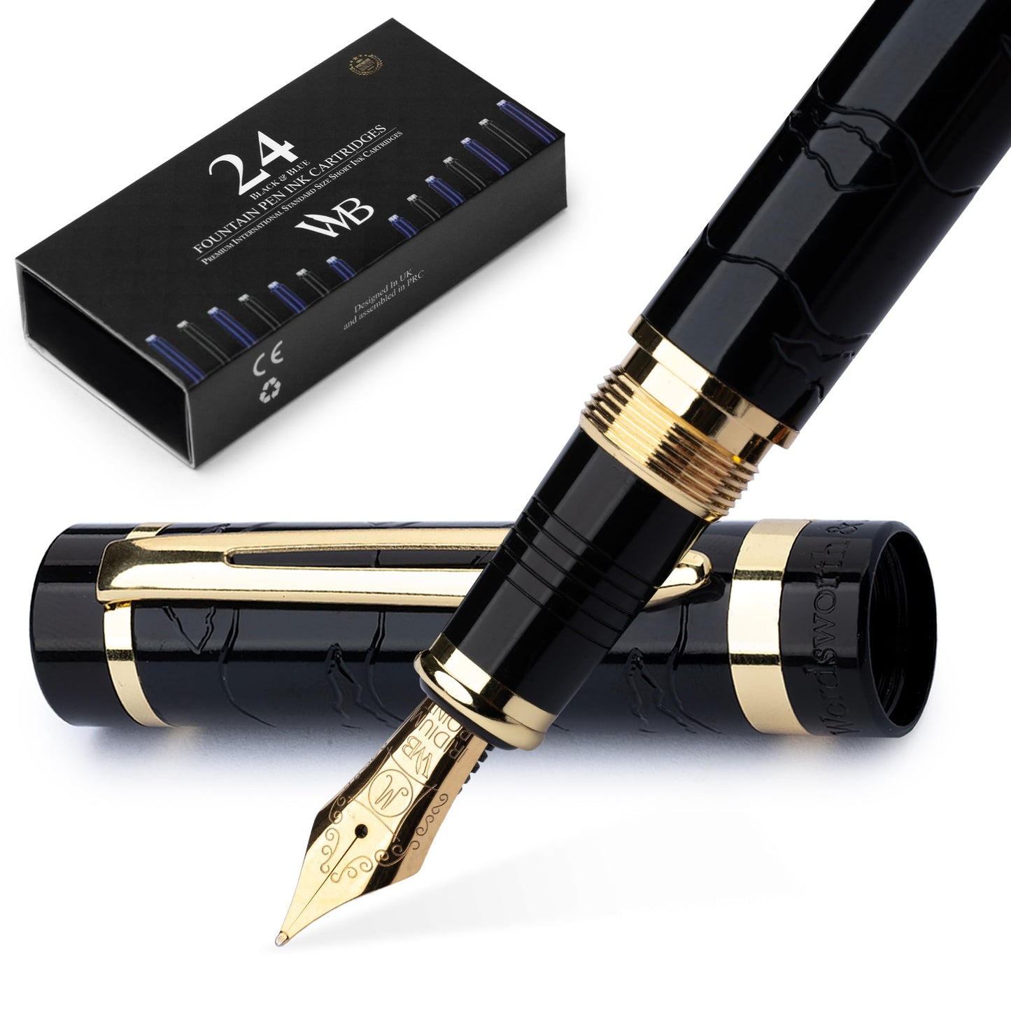 Wordsworth & Black Primori Fountain Pen Set, Medium Nib, Includes 24 Ink Cartridges and Ink Refill Converter, Gift Case, Journaling, Calligraphy, Smooth Writing [Black Gold], Perfect for Men and Women