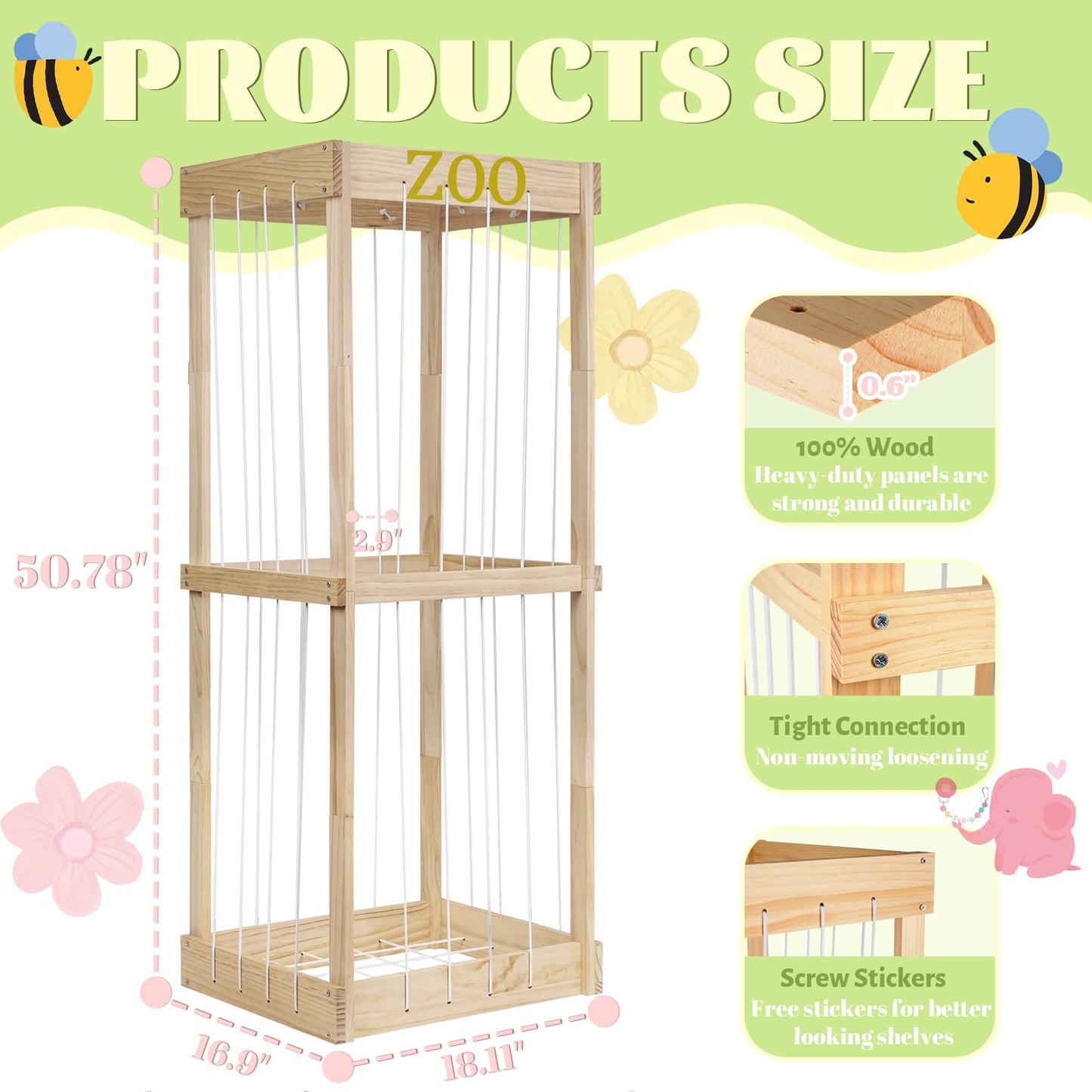 Trycooling Stuffed Animal Zoo Wood Stuffed Animals Storage Cage with Zoo Pattern Elastic Band for Nursery Play Room Bedroom (Wood)