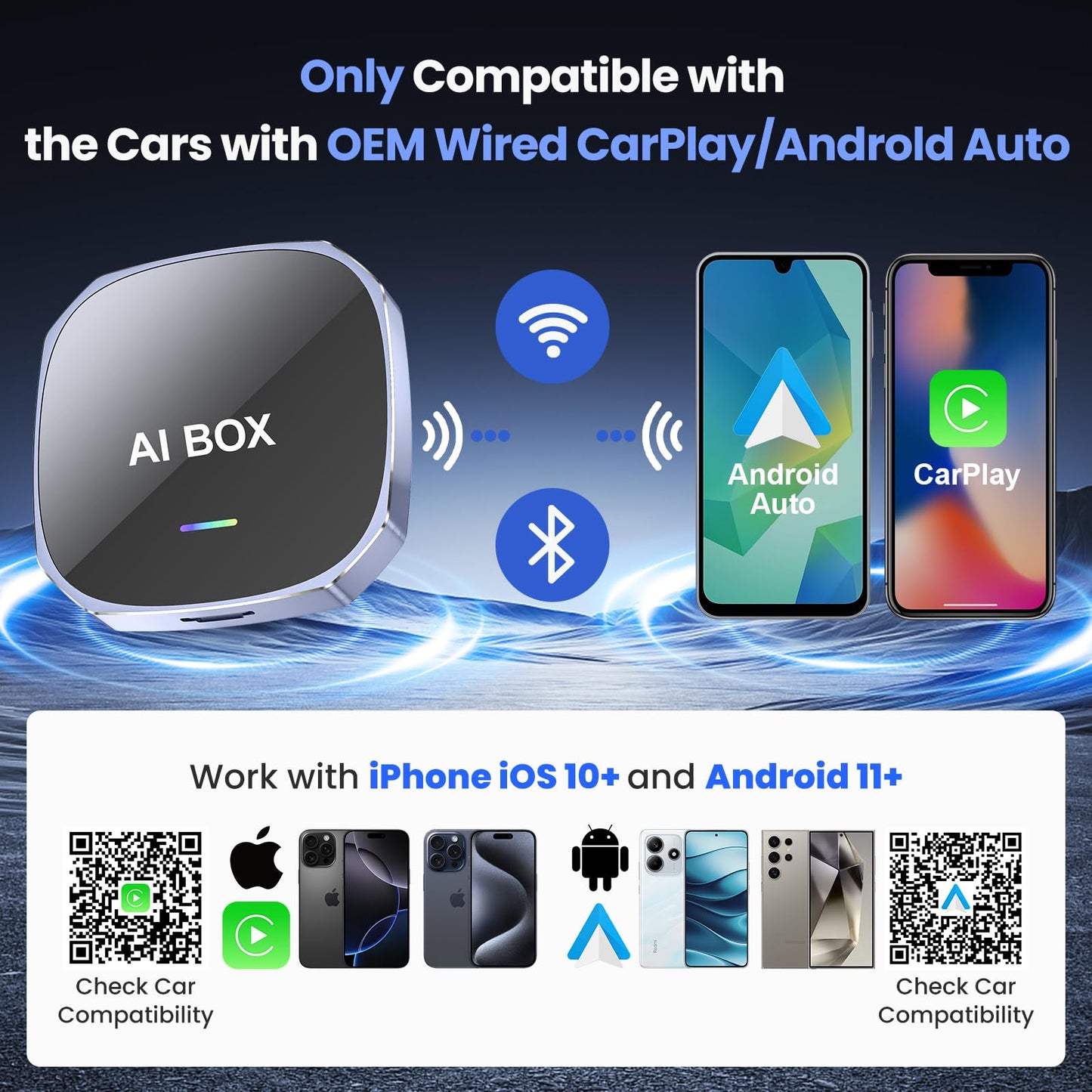 2-in-1 Wireless Apple CarPlay&Android Auto Adapter 2025, Magic AI Box Streaming Dongle Support Netflix/YouTube, Plug&Play, Car Play Wireless Adapter, Only Fit for Cars with Wired CarPlay/Android Auto