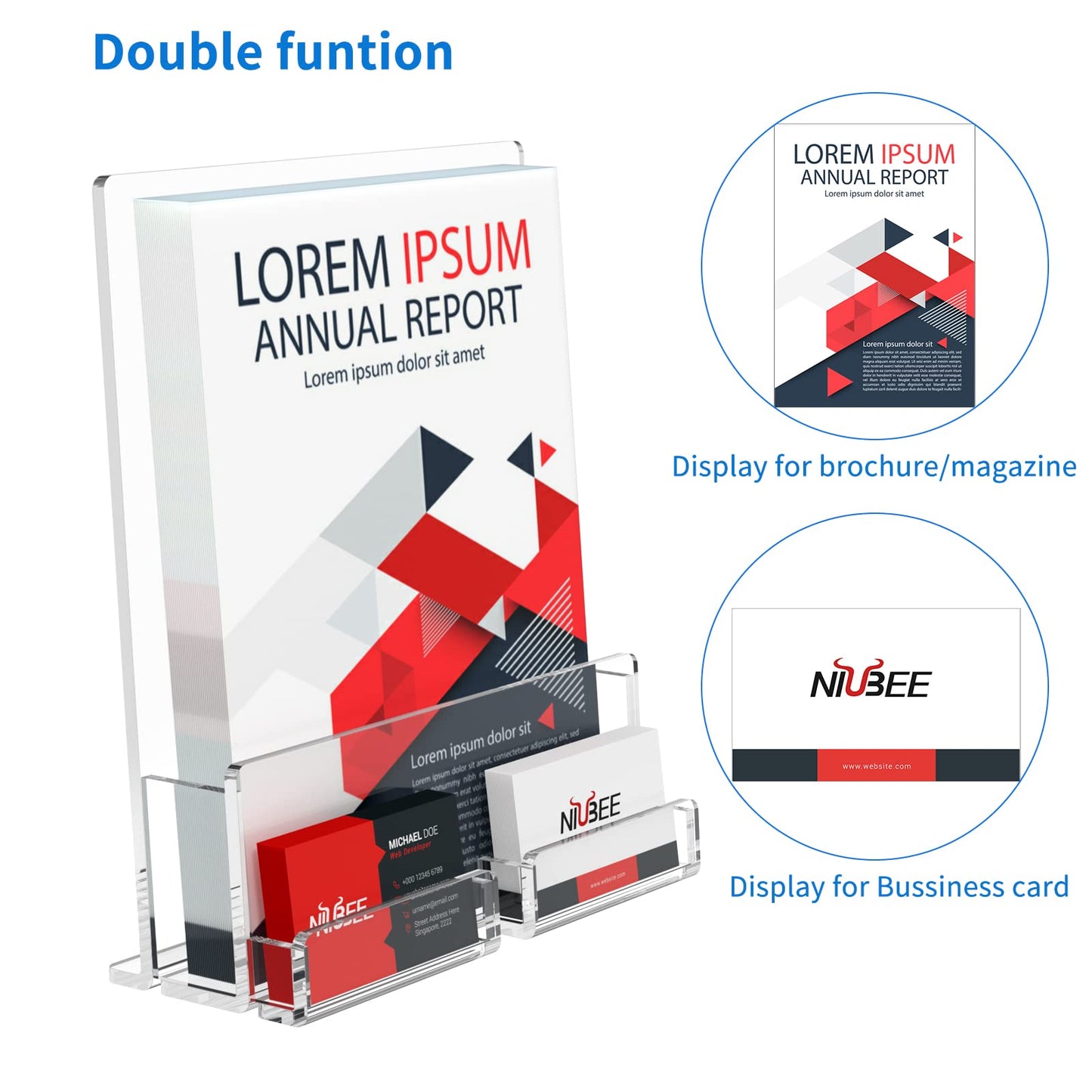 NIUBEE 2-Pack Acrylic Brochure Holder 8.5*11 inches , Clear Brochure Display Stand with Acrylic Business Card Holder, Plastic Flyer Display Stand for Magazine, Pamphlet, Booklets, Menu, Journals