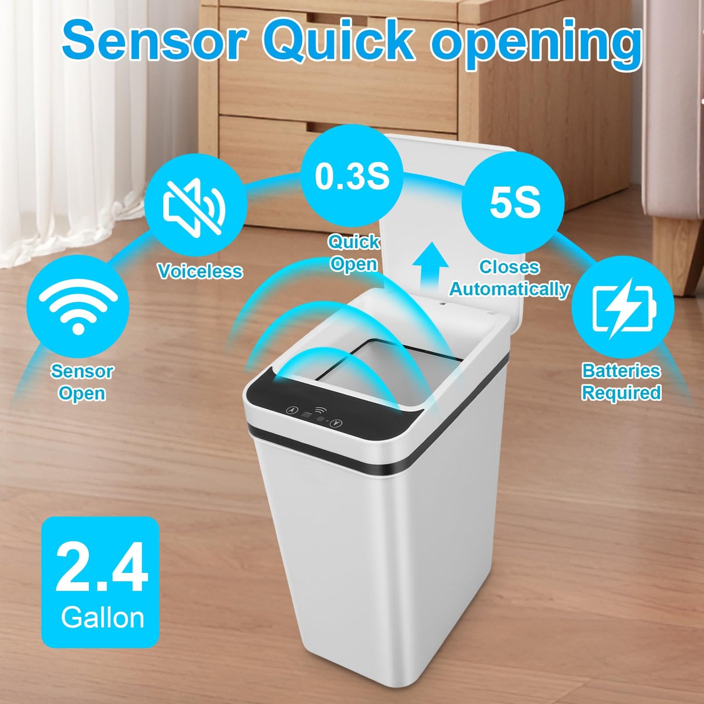 2Pack Bathroom Trash can,Smart Touchless Trash Can,Automatic Motion Sensor Compost Bin with Lid,2.4 Gallon Plastic PP Rubbish Can, Kitchen, Bathroom, Office, Bedroom Trash can (White+White)