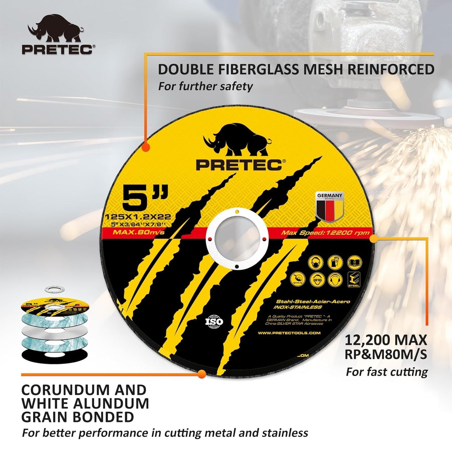 Cut Off Wheels 5", PRETEC 50+5 Pack Metal Cutting Wheel, Thin 5” Metal & Stainless Steel Fast Cutting Discs for Angle Grinder - 7/8" Arbor Hole, 5” x 3/64" x 7/8"