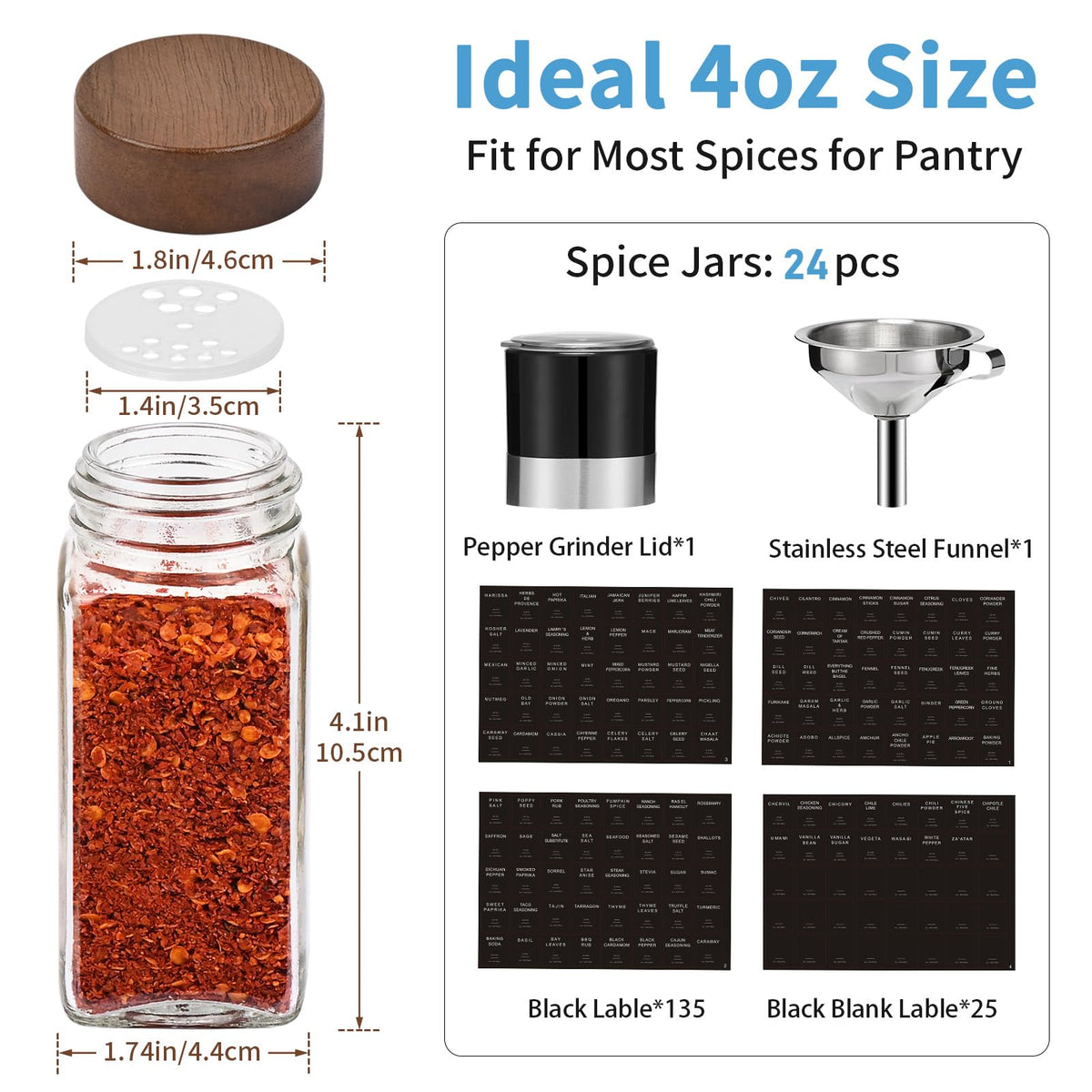 Yangbaga Glass Spice Containers for Kitchen: 24p 4oz Durable Glass Dishwasher Safe Jars for Cooking Enthusiasts- Airtight Acacia lid 500X Open-Close no Loose - Gift/Daily Use for Housewives
