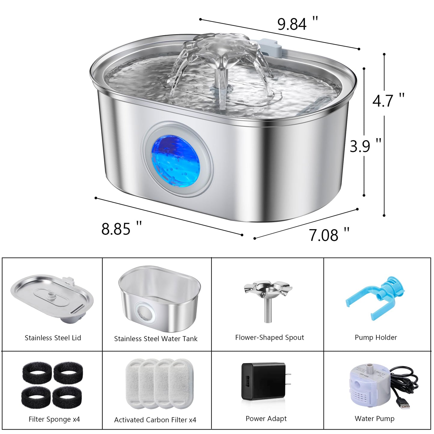 Cat Water Fountain Stainless Steel,108oz/3.2L Pet Drinking Fountain with 4 Replacement Filters & 4 Pre-Filter Sponges, Indoor Cat Flower Water Dispenser with Ultra-Quiet Pump & Level Window