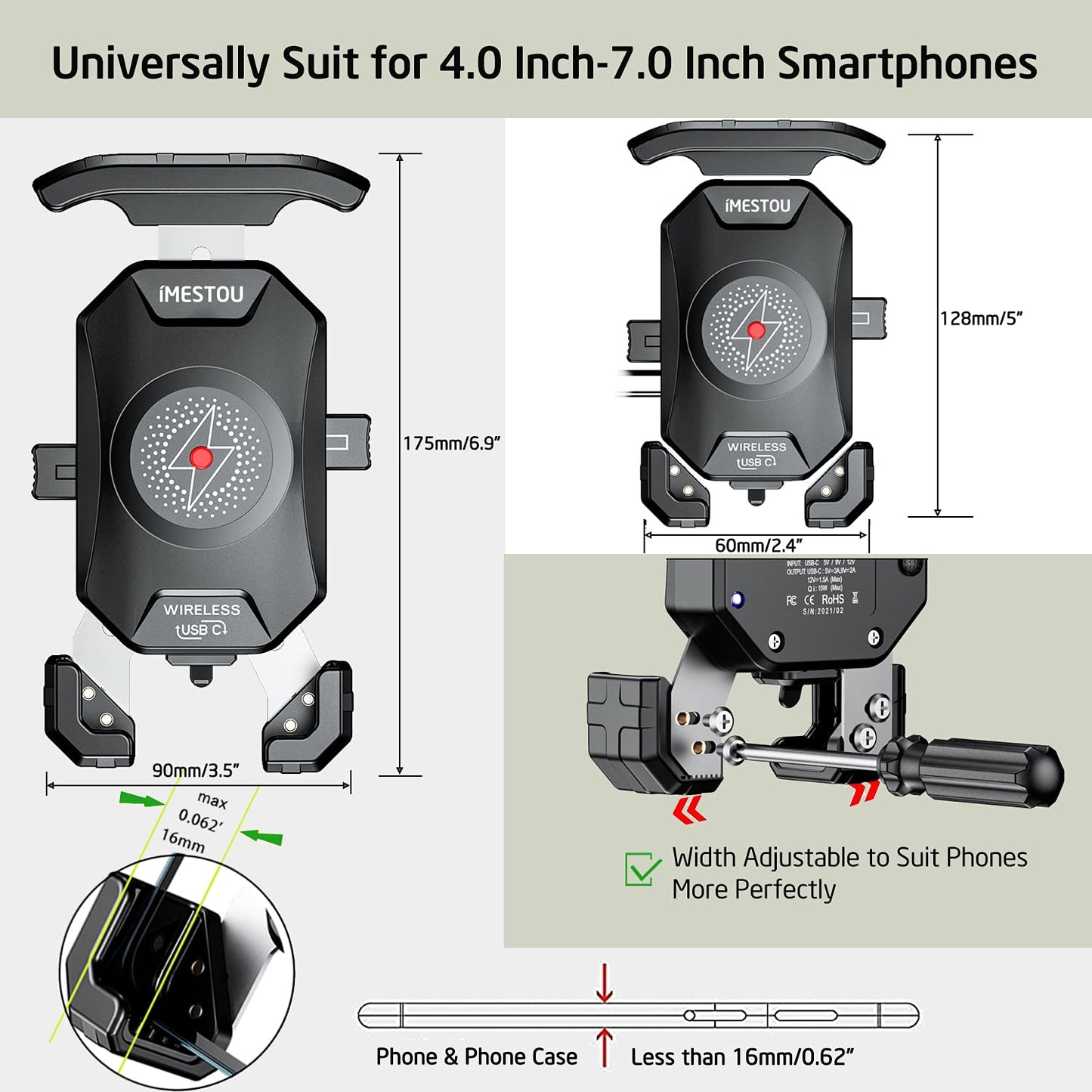 iMESTOU Anti-Thief Motorcycle Wireless Phone Mount Charger 15W & USB C 3A Handlebar 1" Ball Stem Phone Holder Works with 12V/24V Vehicle/USB Socket Quick Charge for 4.0-7.0" Cellphones