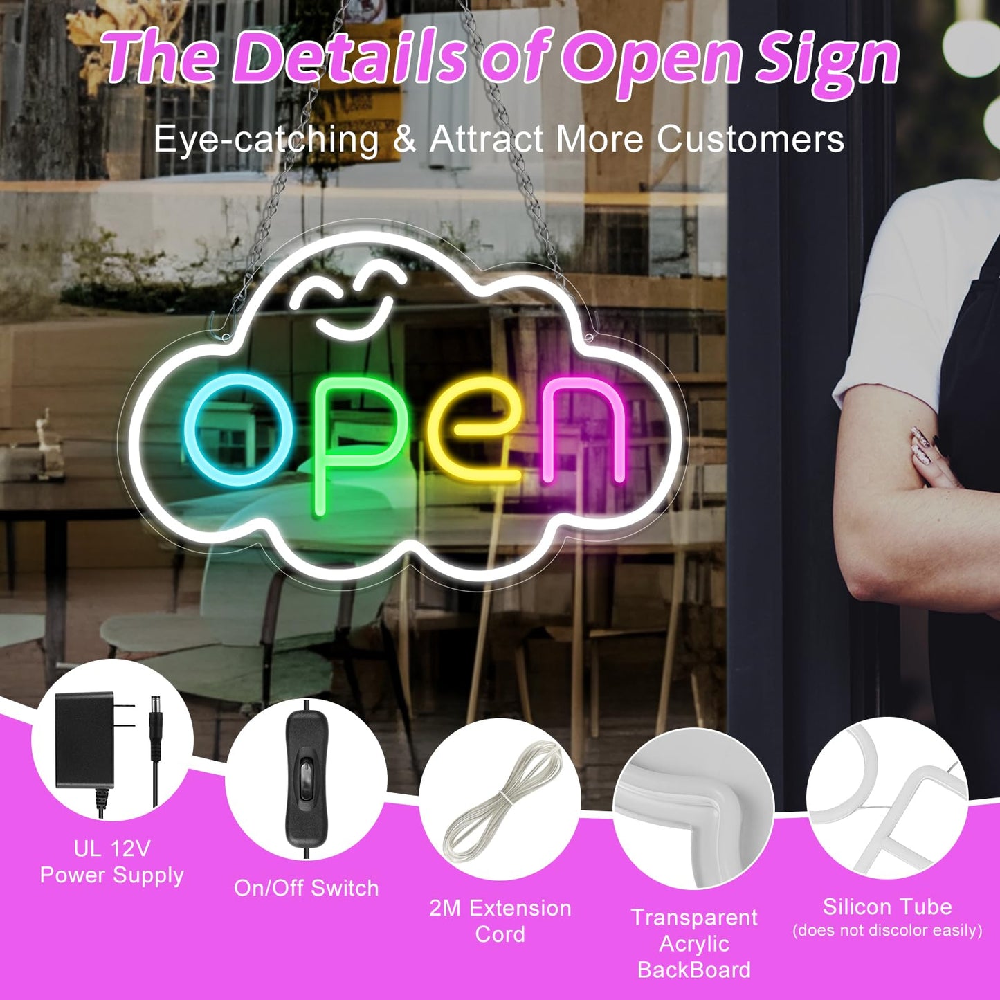 Super Bright Open Sign, 16.5"x 10.2" LED Open Signs for Business Window, Electric Light up Sign with 12V Adapter & ON/OFF Switch, Open Sign LED for Stores Restaurants Offices Bar Coffee Shops