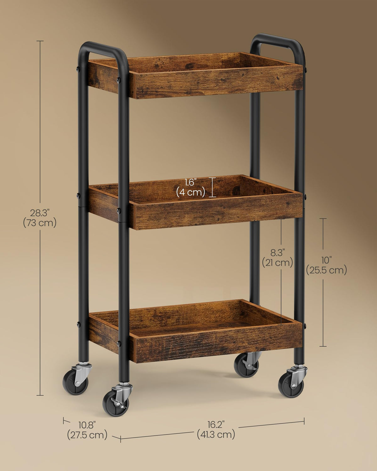 SONGMICS 3-Tier Rolling Cart on Wheels, Kitchen Storage Utility Cart for Bedroom, Bathroom, Study, MDF Shelves with Metal Frame and Handles, 27.5 x 41.3 x 73 cm, Rustic Brown ULRC081KD01