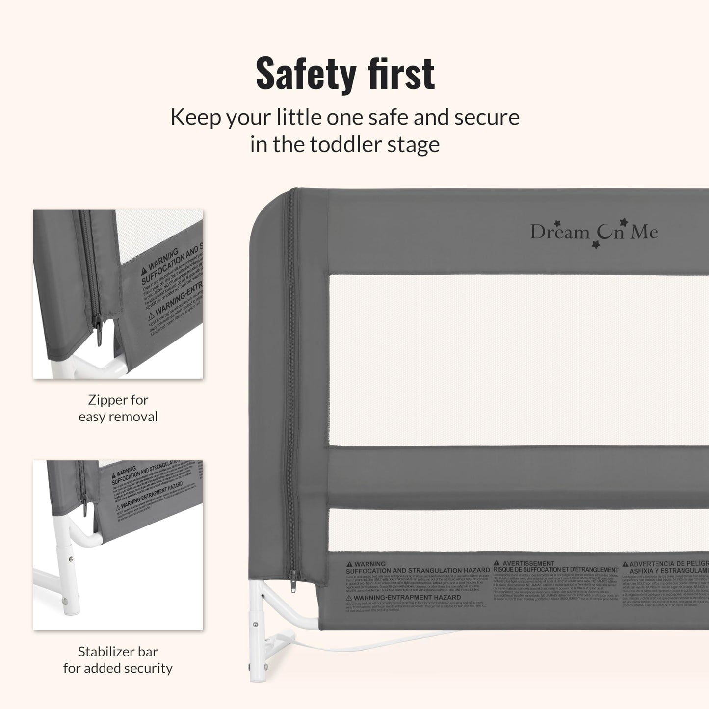 Dream On Me Lightweight Mesh Security Adjustable Bed Rail with Breathable Fabric in Grey, for Toddlers 18 Months, 5 Years