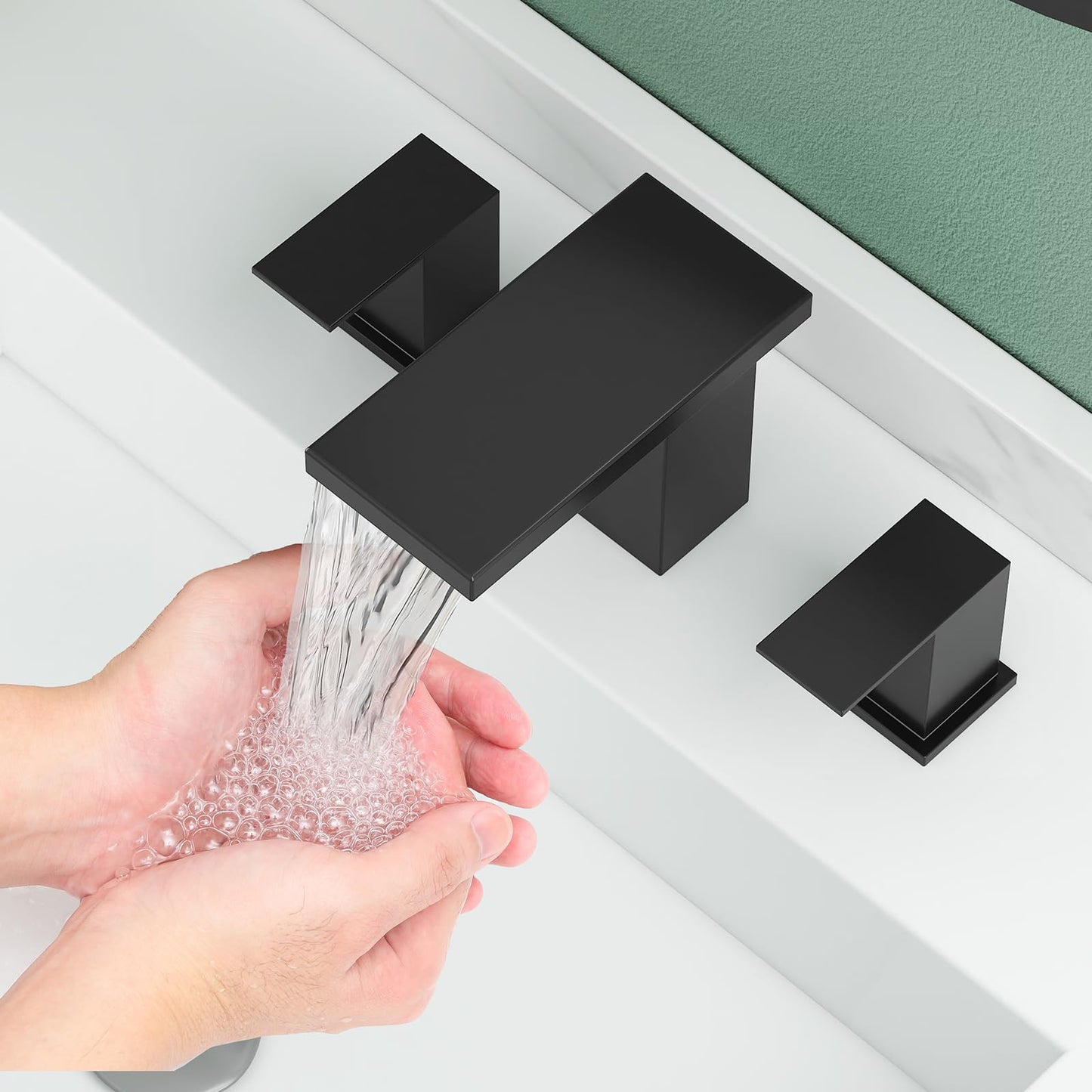 Hoimpro 8 Inches Widespread Waterfall Bathroom Sink Faucet, 2 Handles Vanity Matte Black Bathroom Faucet with cUPC Supply Hoses, 3 Holes Basin Faucet with Pop Up Drain, Stainless Steel, Matte Black