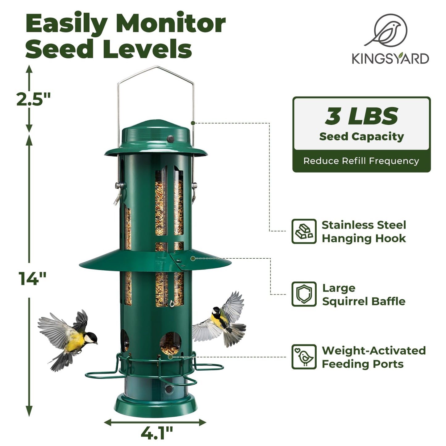 Kingsyard Squirrel Proof Bird Feeder with Removable Base, All Metal, Tube Bird Feeders for Outdoors Hanging, Easy to Clean & Refill, Dark Green