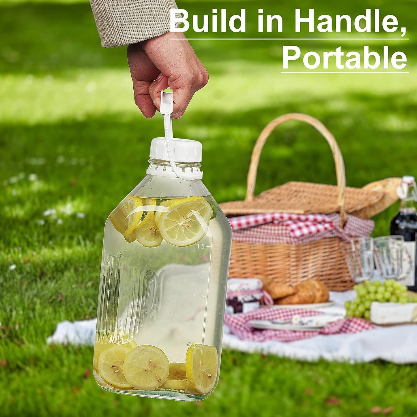Syntic 4 Pack Glass Water Bottles for Fridge, Half Gallon Milk Jugs with Airtight Lids, 64 Oz Water Bottles, Juice Jugs, Extra Lids, 2 Silicone Dispenser Caps, Stickers, Gaskets and Handles
