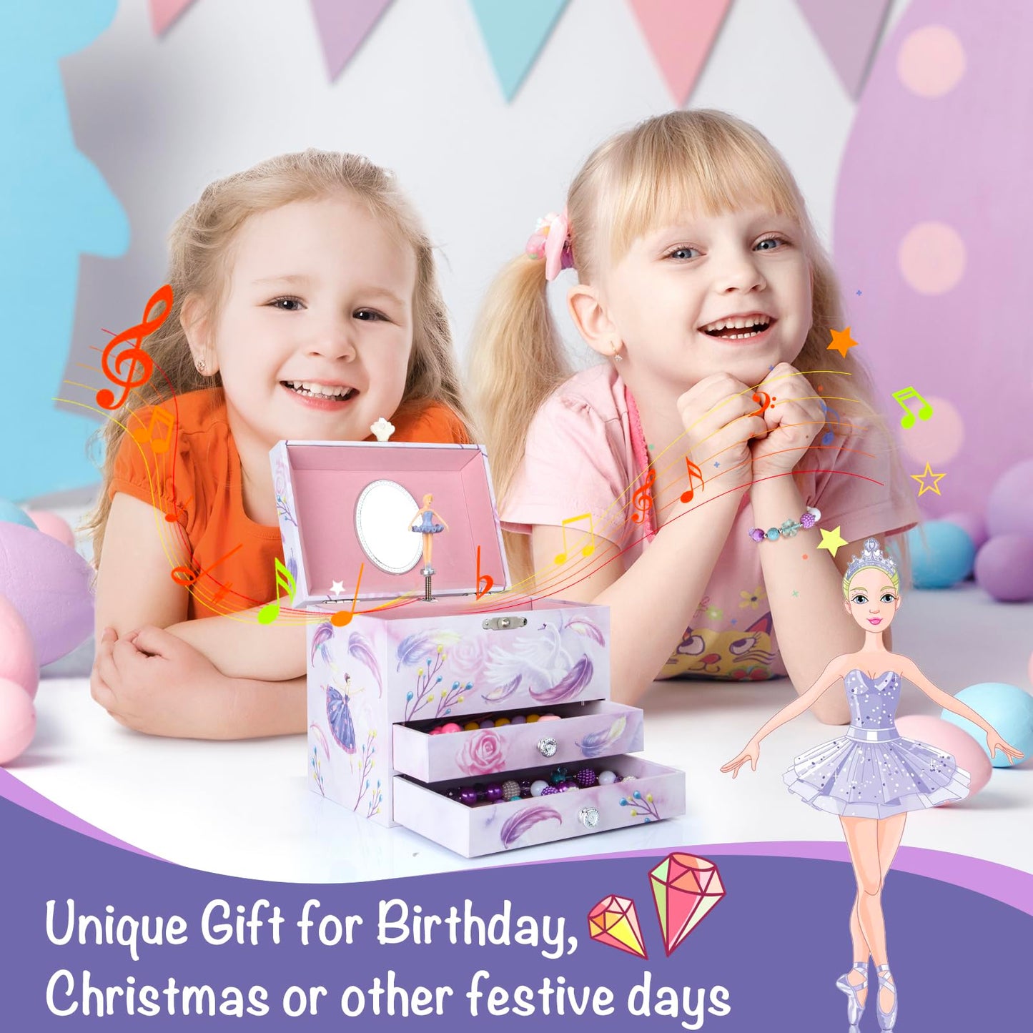 Homtibrm Musical Jewellery Box For Girls - Large Kids Jewellery Music Box with 2 Pullout Drawers & Unicorn Jewellery Set, Great Birthday Gifts for Girls Christmas Gifts (Pink Ballerina)