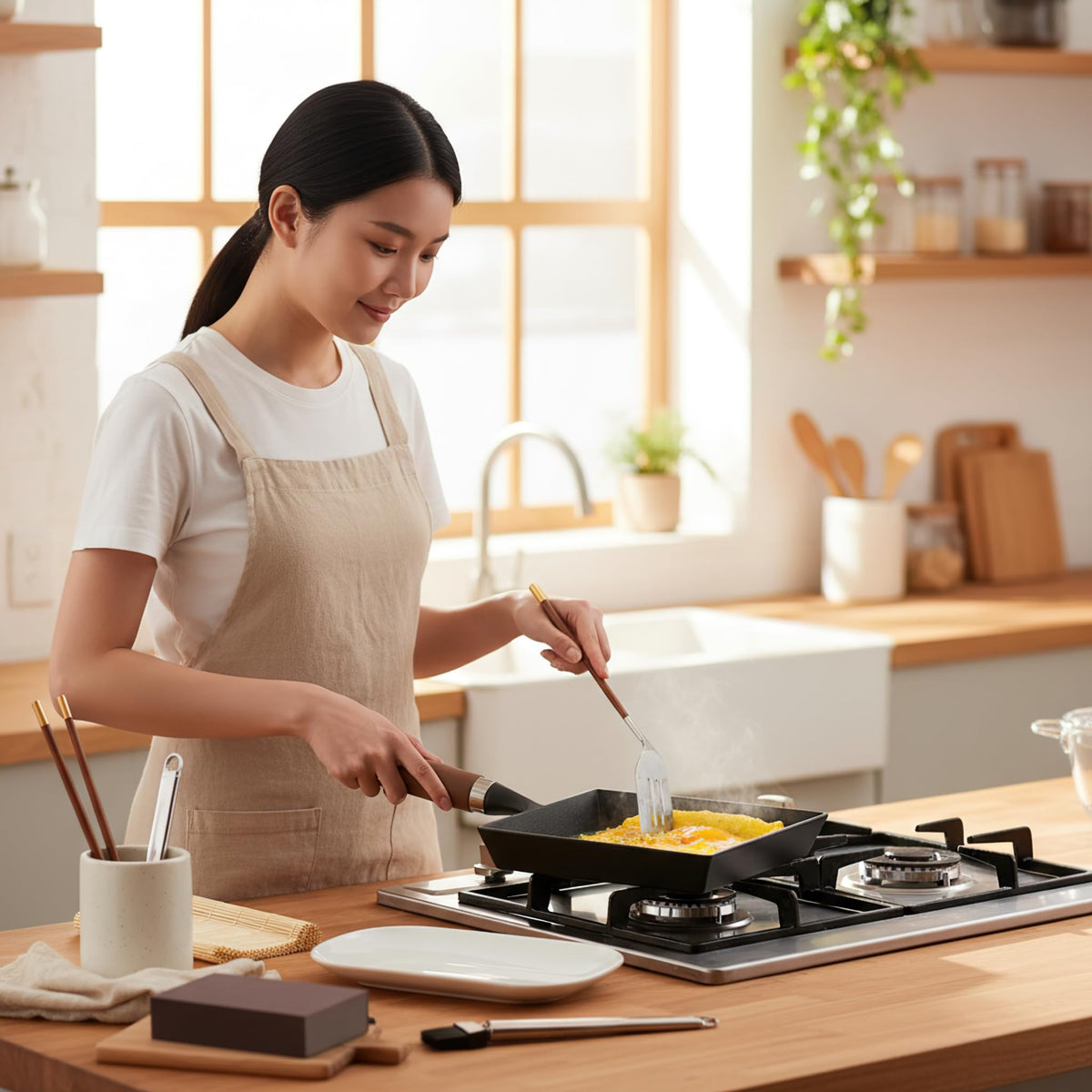 Tamagoyaki Japanese Omelette Pan Cast Iron Wooden Handle