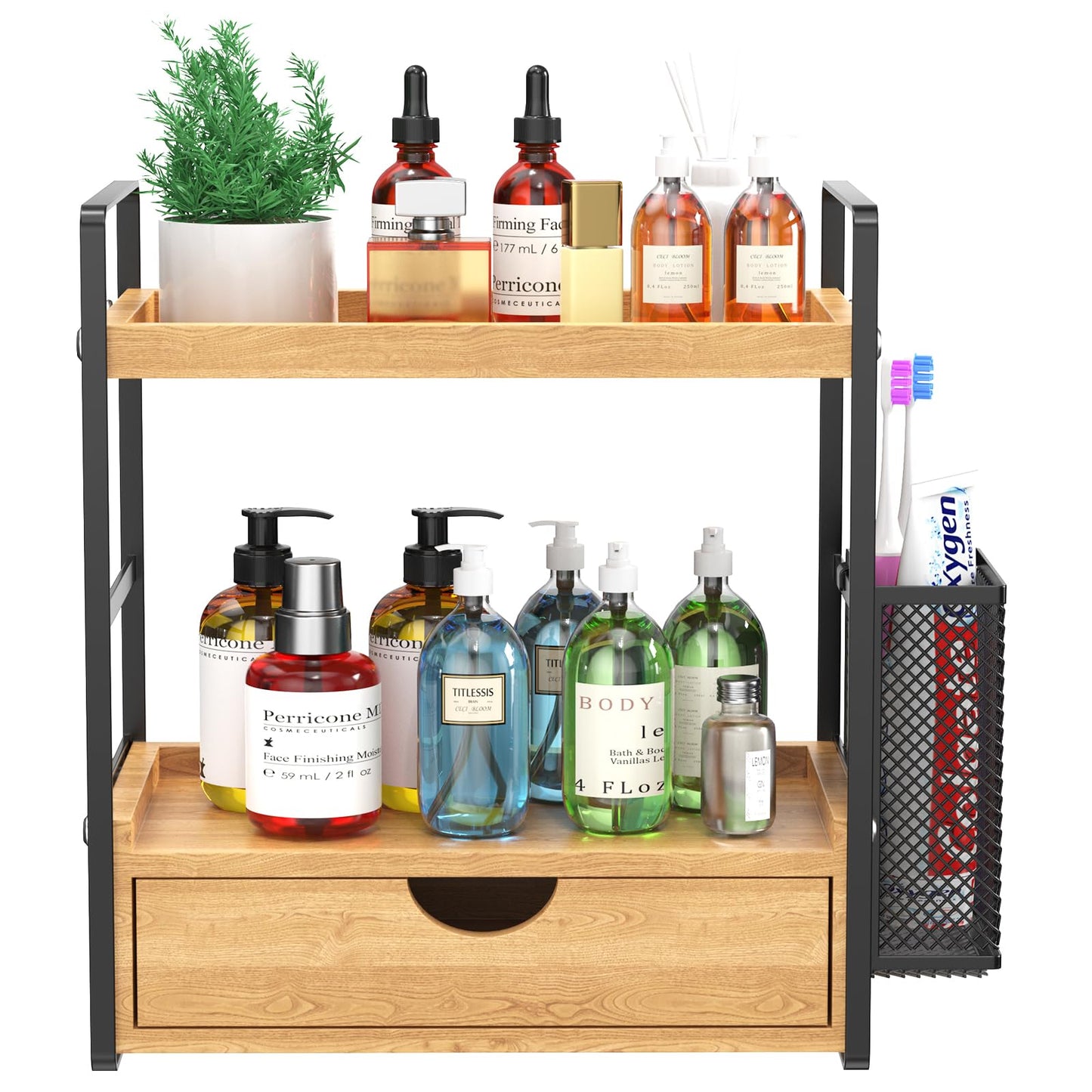 LEMIKKLE 2-Tier Bathroom Counter Organizer with Drawers and Baskets, Multi-Purpose Makeup Organizer Countertop, Large Skincare Organizers, Exquisite Vanity Organizer，Wood