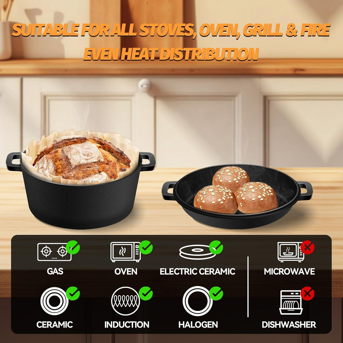 Cast Iron Pot Dutch Oven for Bread Baking, Cast Iron Casserole Dish with Lid Baking Cooking Supplies, 2-in-1 Dutch Oven Pot with Skillet, 5.2QT
