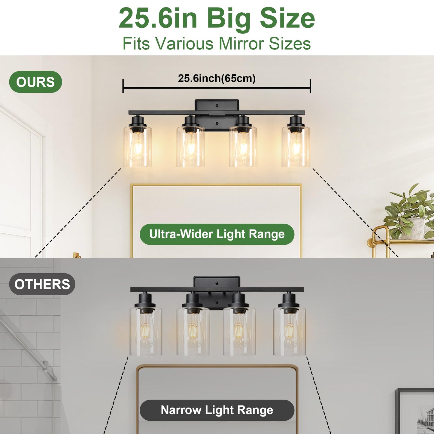 Ascher Bathroom Light Fixtures, 4-Light Vanity Lights with Clear Glass Shade, Modern Black Finish Wall Light for Mirror Bedroom Hallway Cabinet Porch