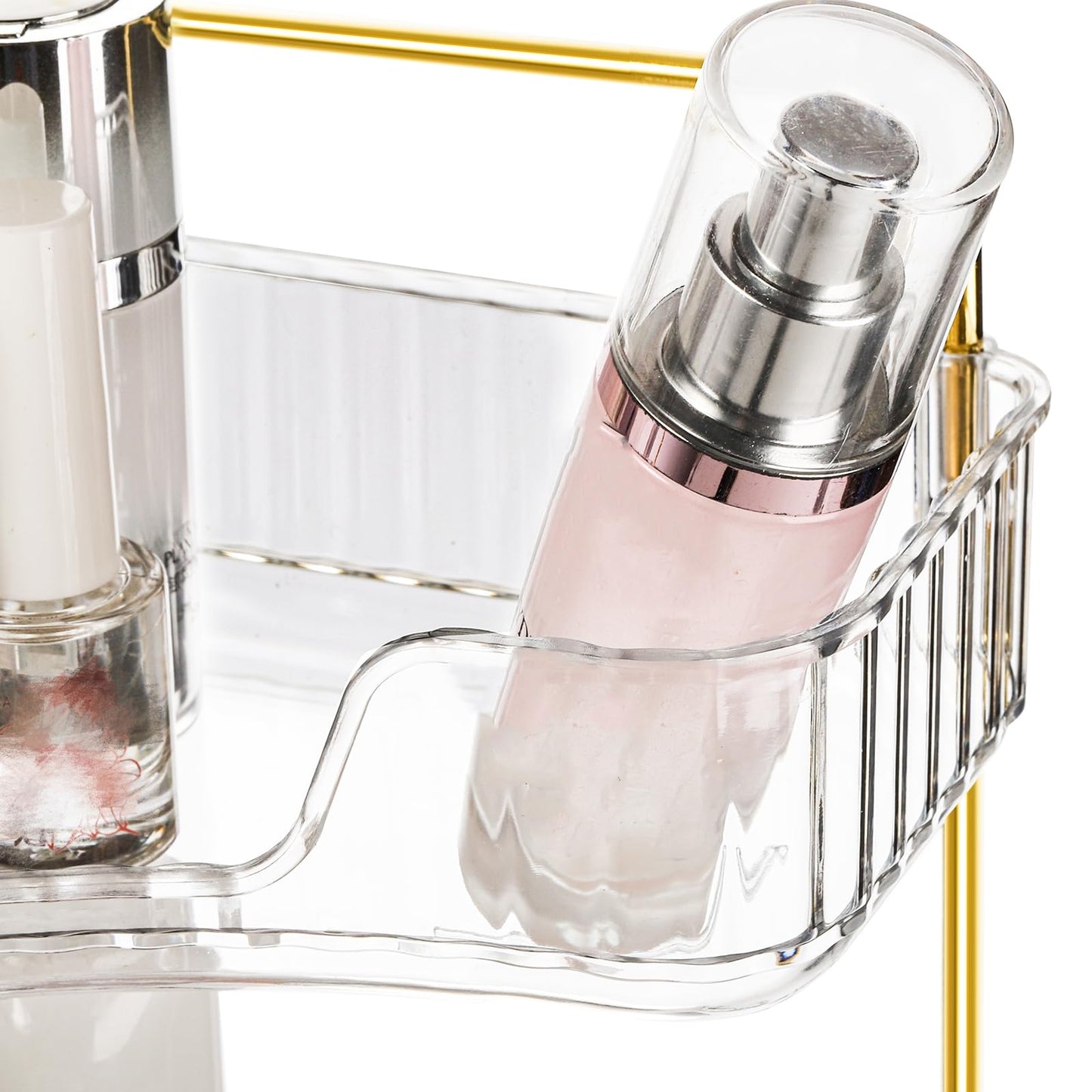 Cididu 3 Tiers Corner Bathroom Counter Organizer, Clear Countertop Shelf Storage Rack, Cosmetic Perfume Tray Standing Holder with Gold Metal Pole, Skincare Sink Organizer for Vanity Kitchen