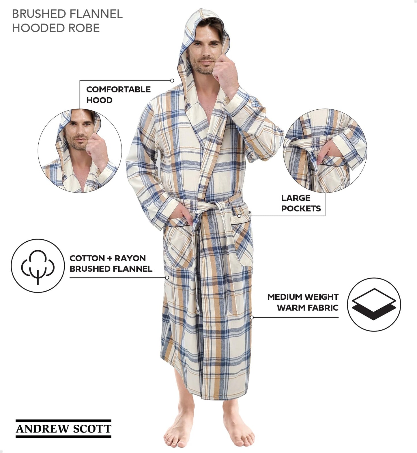 Andrew Scott Mens' Robe with Hoodie| Cotton Flannel Brush Plaid | All Season | Full Length House Robe, Plaid 3, Large-X-Large
