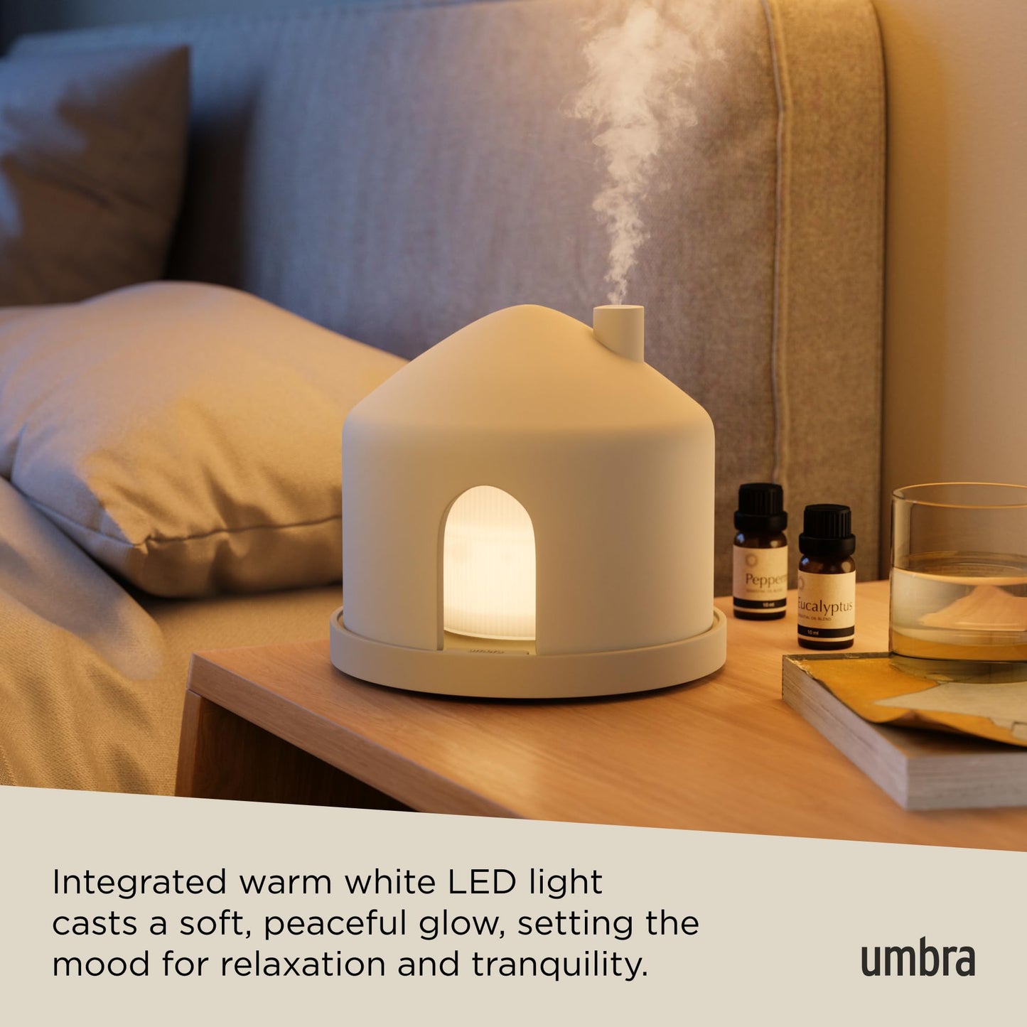 Umbra Casita Diffuser in Sand – Aromatherapy Essential Oil Diffuser with LED Light, Multiple Mist Settings, Automatic Shut-Off, Hidden Storage for Oils, Concrete & Melamine Design for Modern Homes